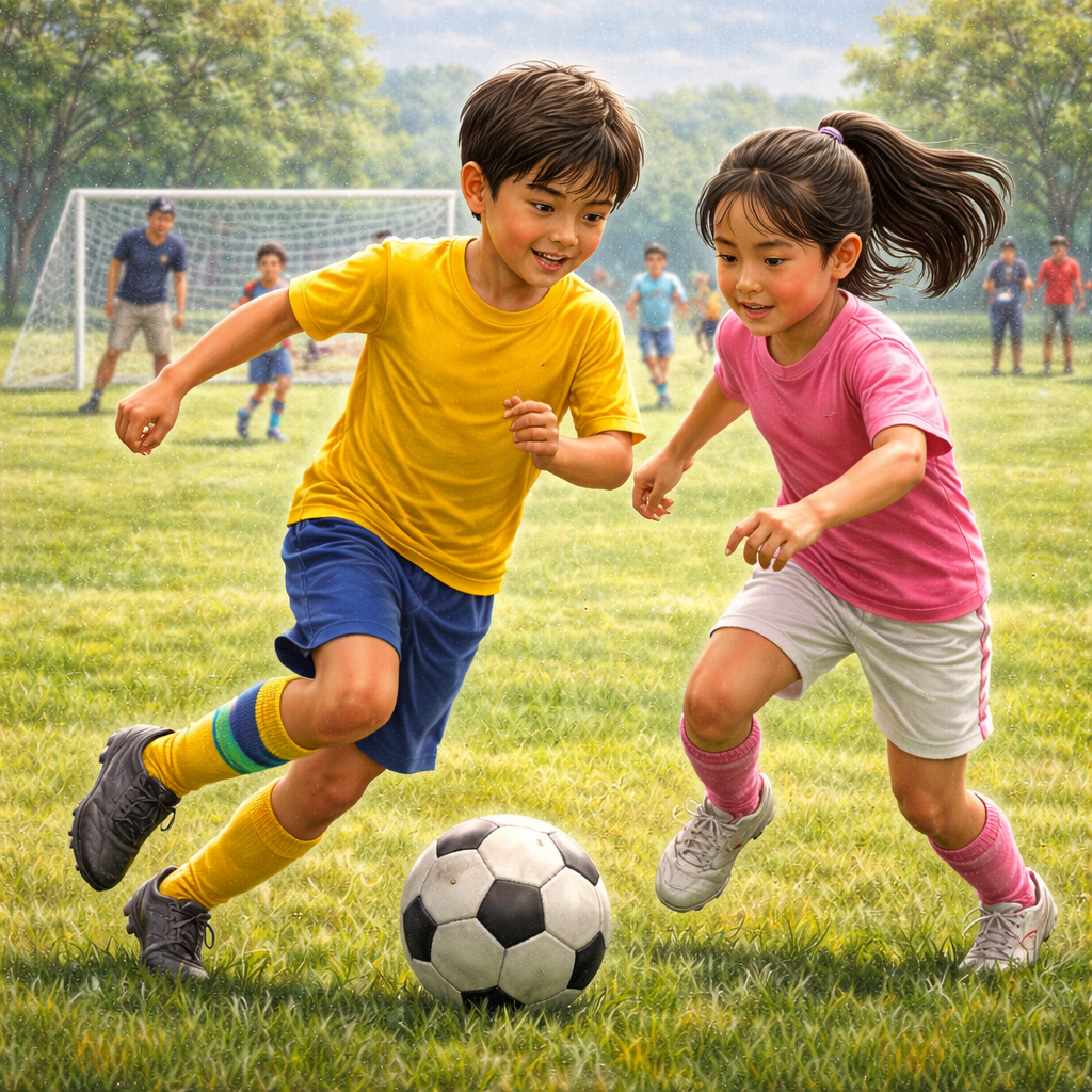 Children playing soccer on a field with a goal in the background.