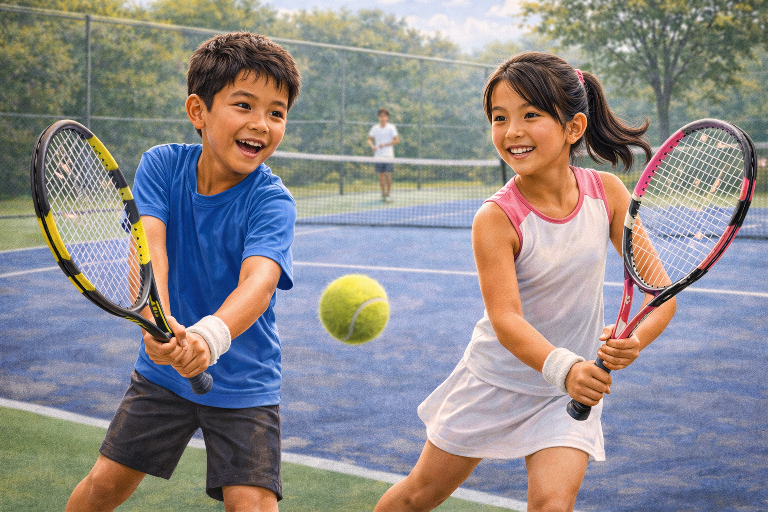 Two children, a boy and a girl, playing tennis on an outdoor court, with a tennis ball in midair between them and a person in the background.