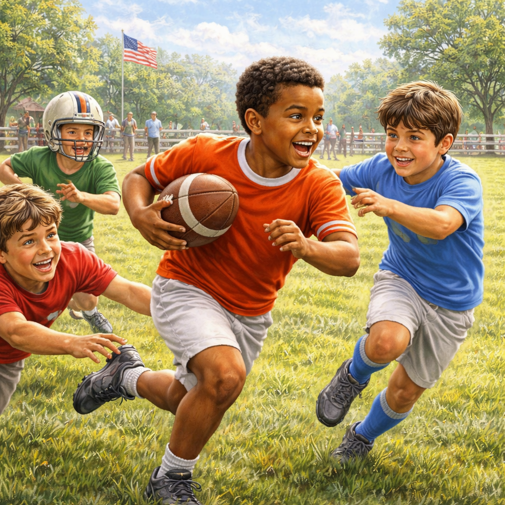 Children playing tag on a grassy field, with a boy in an orange shirt running with a football while others chase him, and an American flag in the background.