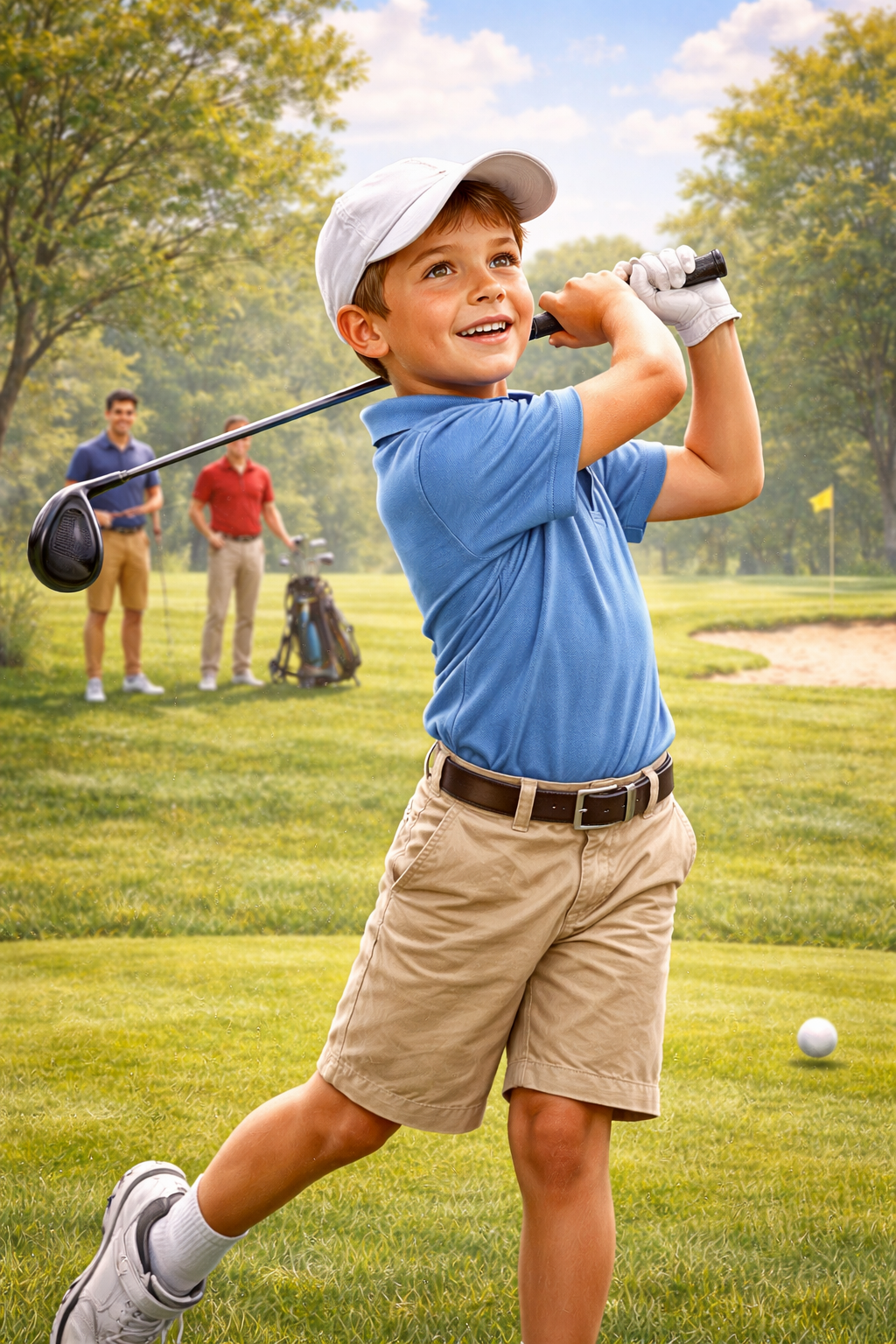 A young boy on a golf course swinging a golf club, with two men in the background watching him. The boy is smiling and wearing a blue shirt, shorts, a white cap, and golf gloves.