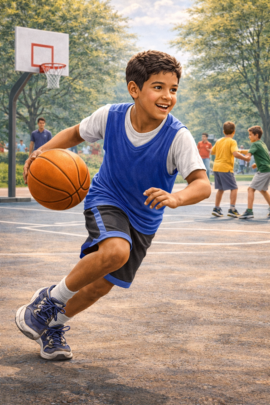 A young boy in a blue basketball jersey and black shorts dribbling a basketball on an outdoor court, with other children playing in the background.