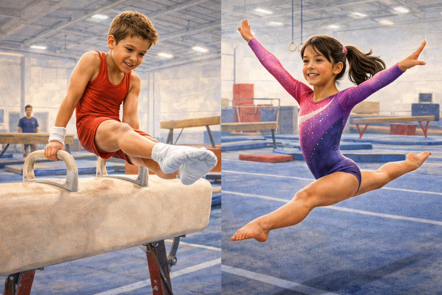 A young boy on a gymnastics pommel horse and a young girl performing a split leap on the gymnastics floor at an indoor gym.