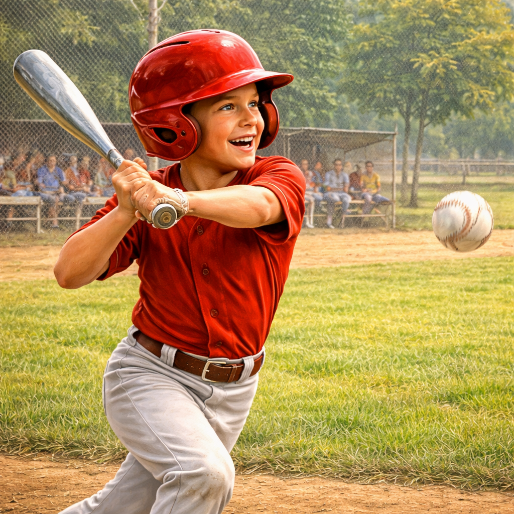 A young baseball player in a red uniform and helmet swings a bat at a pitched ball on a baseball field with spectators in the background.