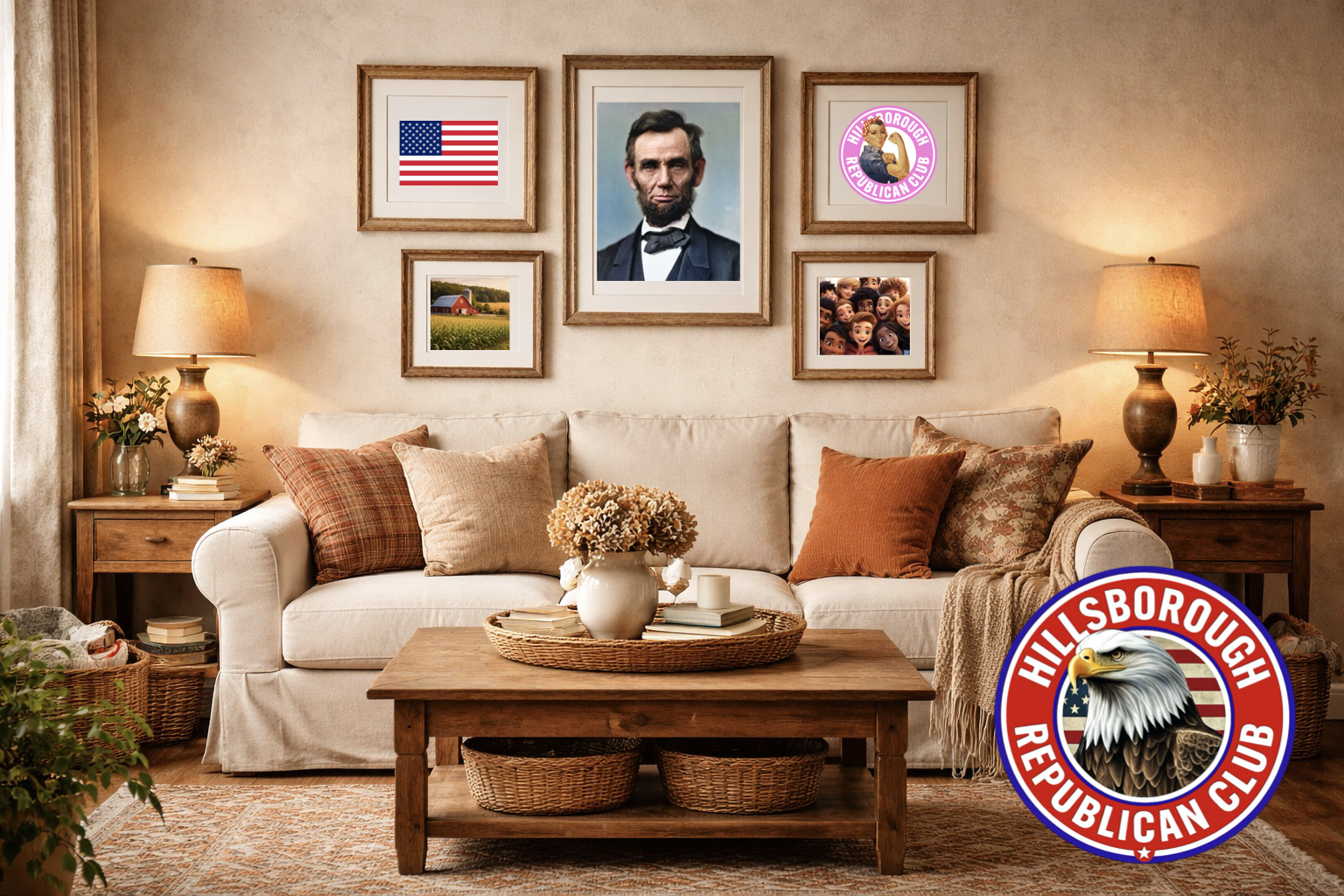 Living room with beige couch, decorated with pillows and a blanket, surrounded by wooden side tables with lamps, vases, and books, and a coffee table with a vase of flowers. Wall above has framed pictures including an American flag, a farm scene, a group of children, a portrait of Abraham Lincoln, and a pink circular logo with a woman's face and the text 'Hillsborough Republican Club'.