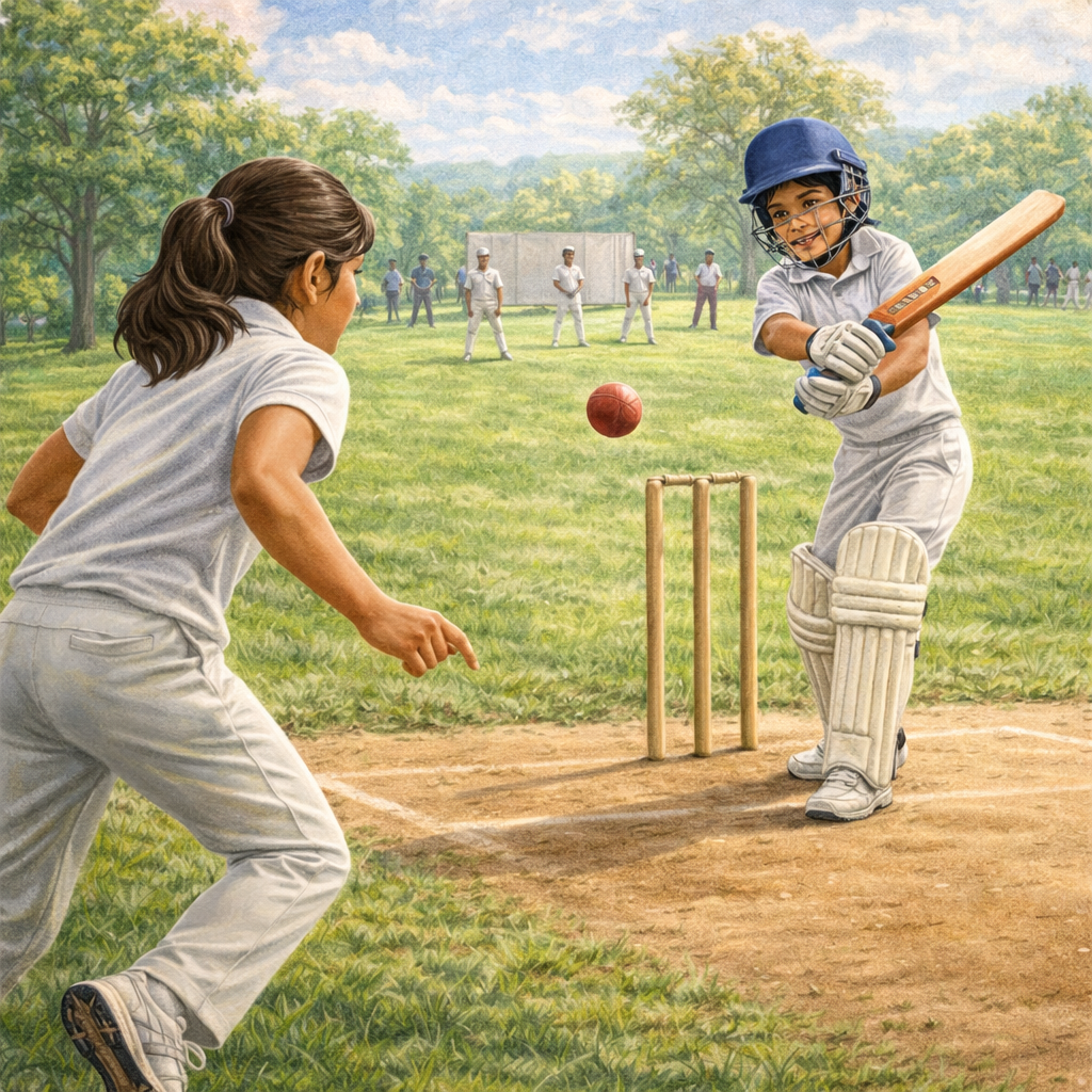 A young girl playing cricket on a grassy field while a girl in a softball uniform is running towards her. The batter is in a ready stance with a bat, wearing a helmet and gloves. The scene is outdoors with trees and a group of spectators in the background.