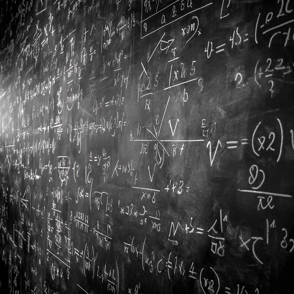 Chalkboard covered with handwritten mathematical equations, symbols, graphs, and formulas illustrating abstract mathematical concepts and problem solving.