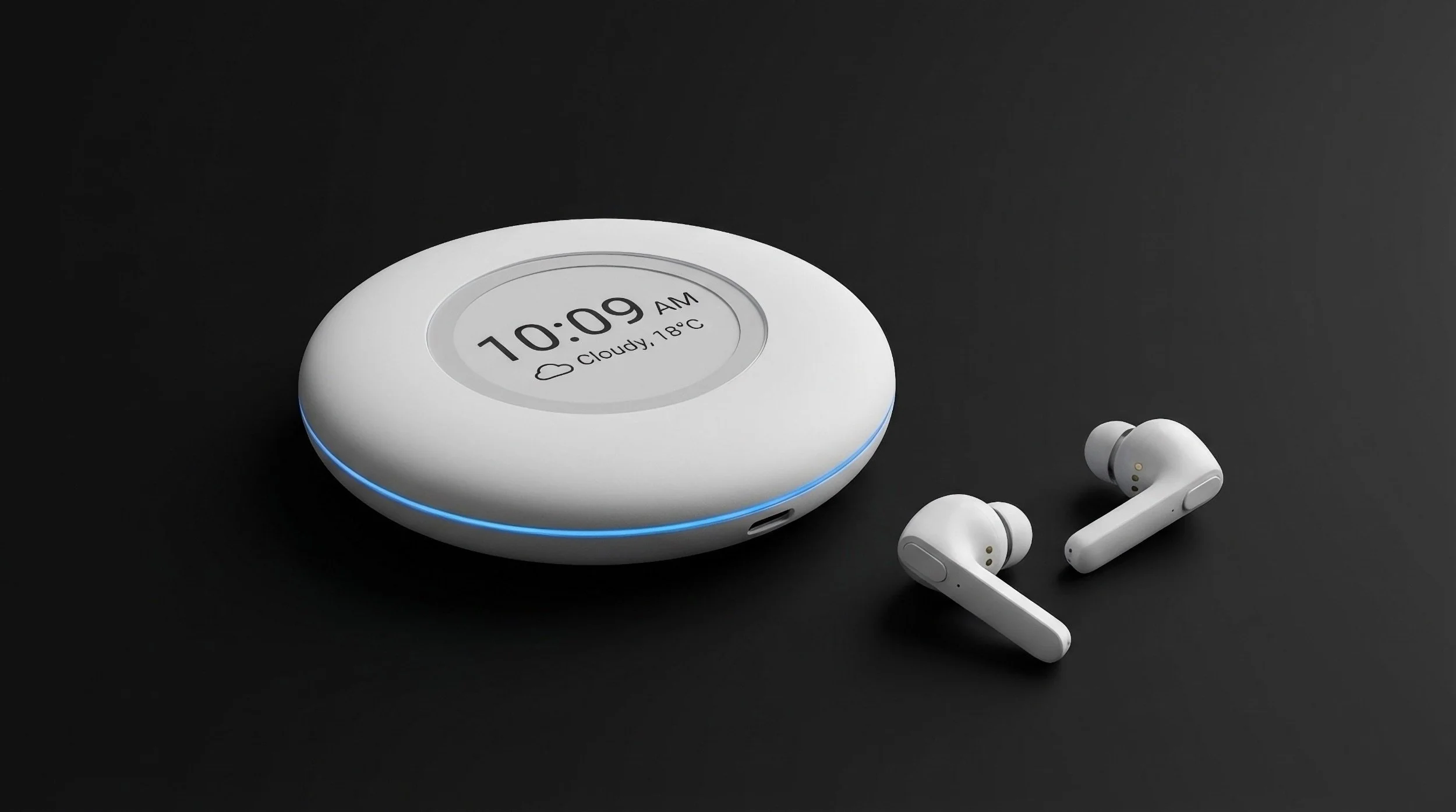 A white circular smart device on a dark surface displaying the time with clean minimalist UI.