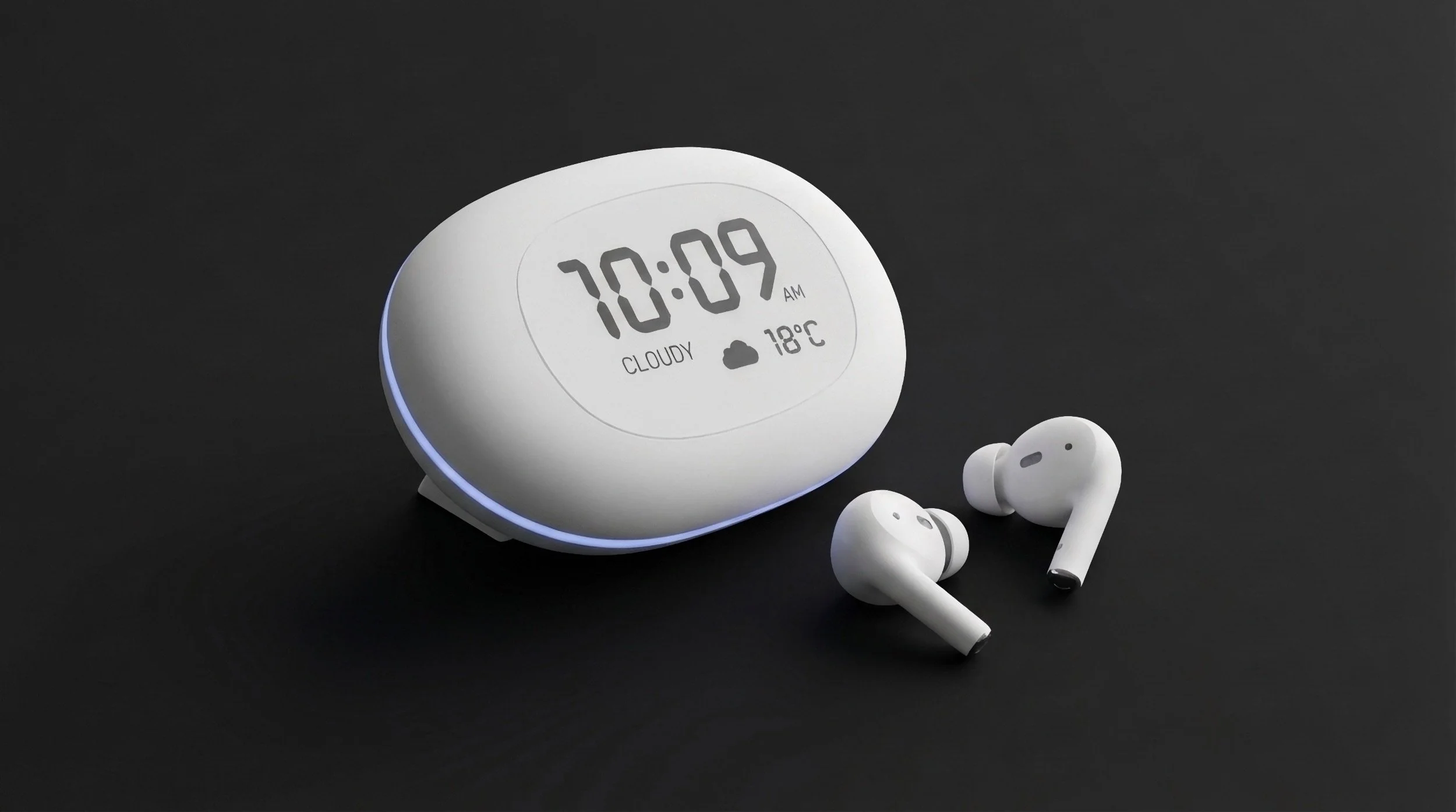 A white circular smart device displaying the time, weather, and cloud icon on a soft dark background.