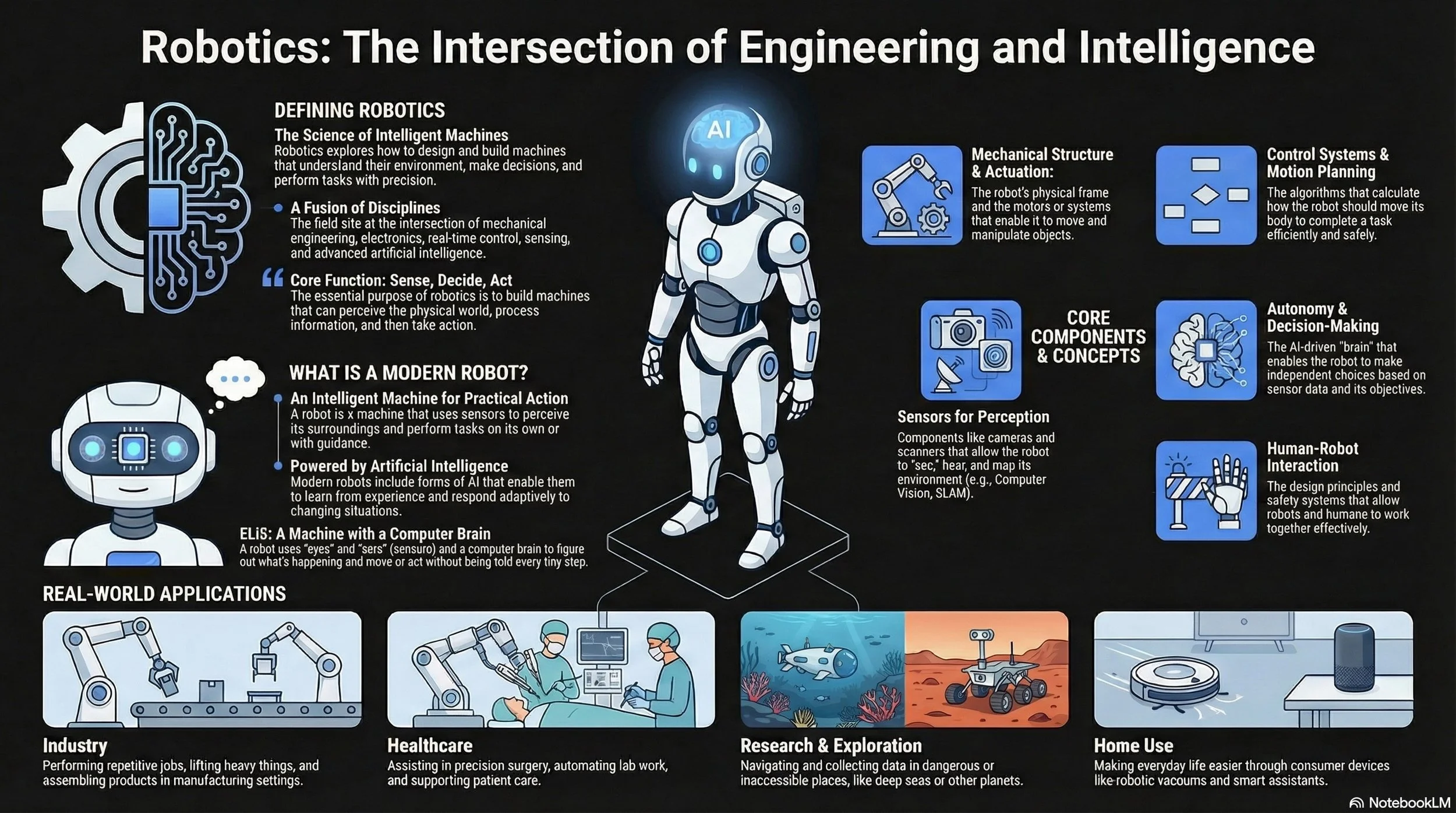 Infographic showing a humanoid robot with labeled parts, sensor diagrams, and examples of robotics applications in industry, healthcare, research, and home use.