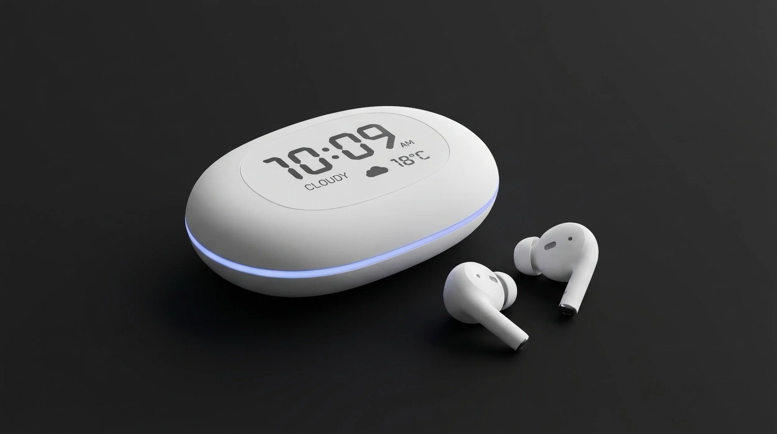 Smooth white pebble shaped AI device on a dark surface showing the time, weather, and temperature, with wireless earbuds beside it.