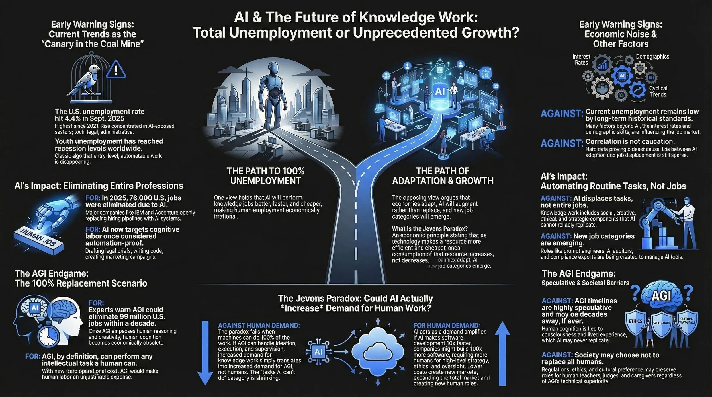 Infographic comparing two futures of AI driven knowledge work, showing a path to 100 percent unemployment versus a path of adaptation and growth, with early warning signs, industry impacts, and economic arguments for each outcome.
