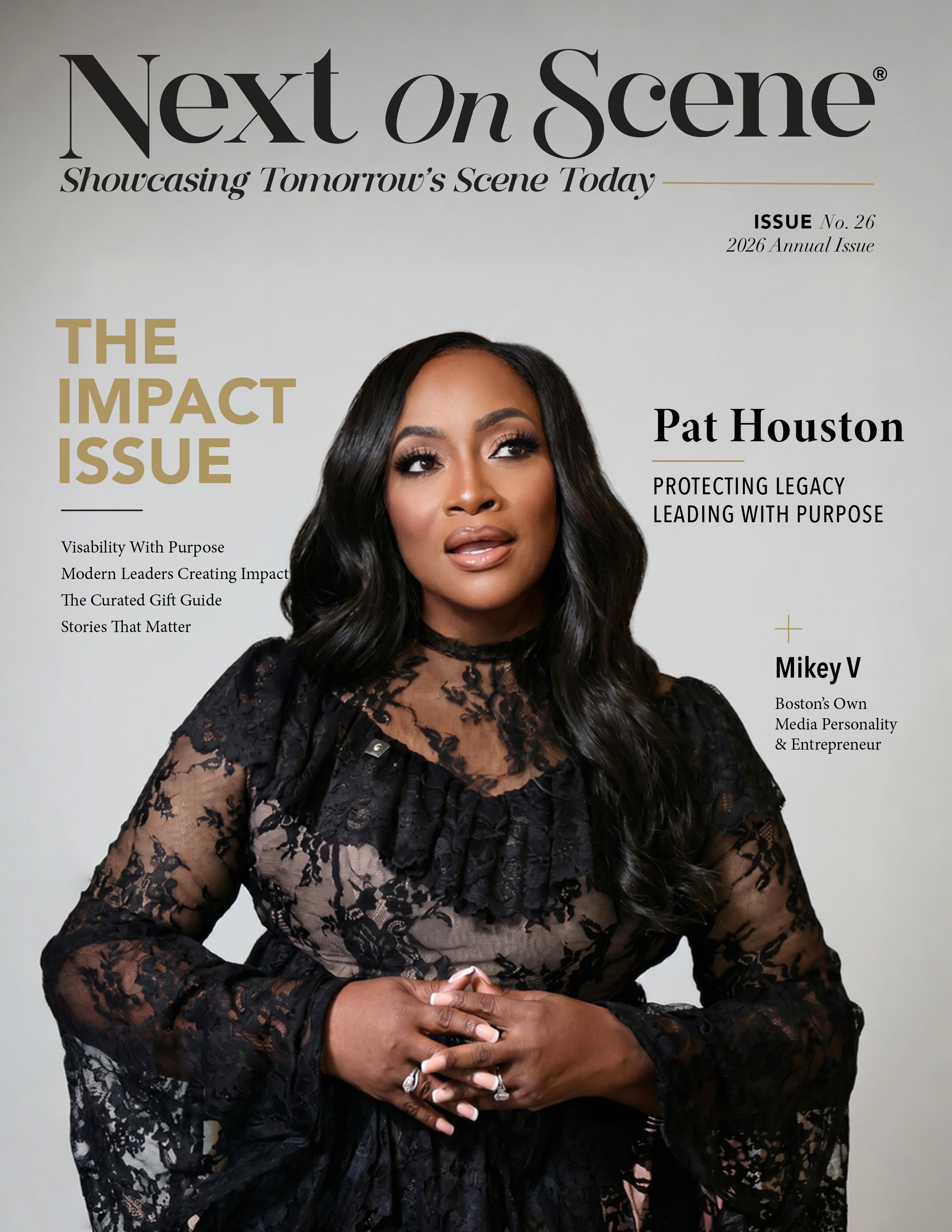Next On Scene Magazine, Showcasing Tomorrow's Scene Today; The Impact Issue; Shows a picture of Pat Houston in a black lace gown