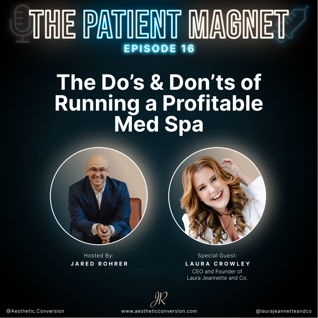 Image test: The Patient Magnet, The Do's and Don's of Running a Profitable Med Spa with pictures of host, Jared Rohrer and guest Laura Crowley, CEO and Founder of Laura Jeannette Aesthetics