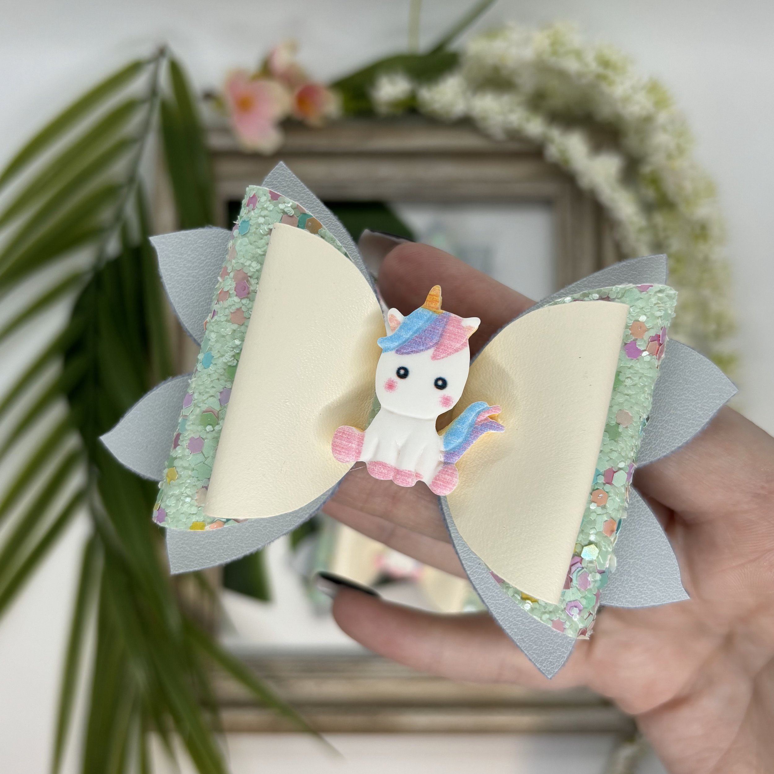 White, Speckled Mint and Grey Big Bow with Sitting Unicorn Embellishment