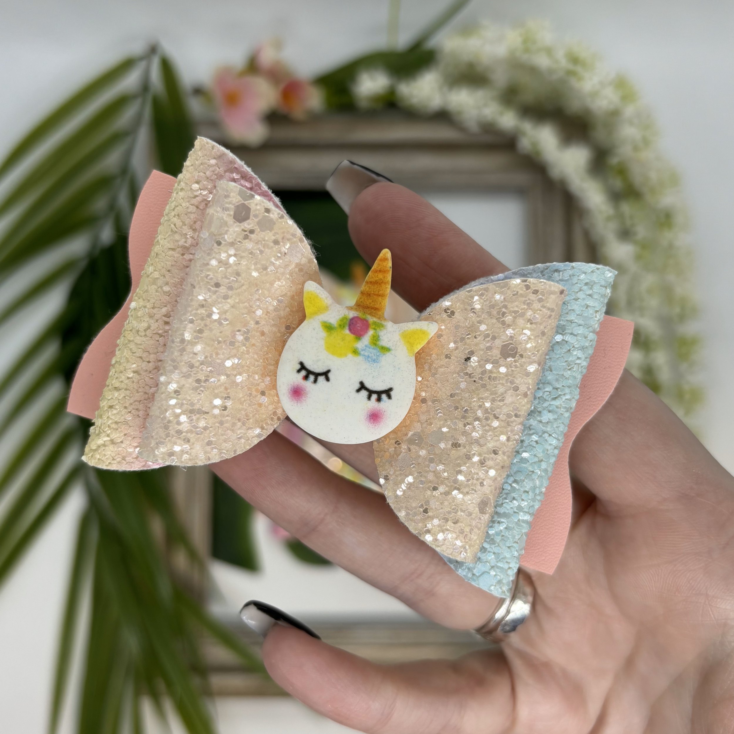 Pale Yellow, Peach and Pink Big Bow with Round Head Unicorn Embellishment