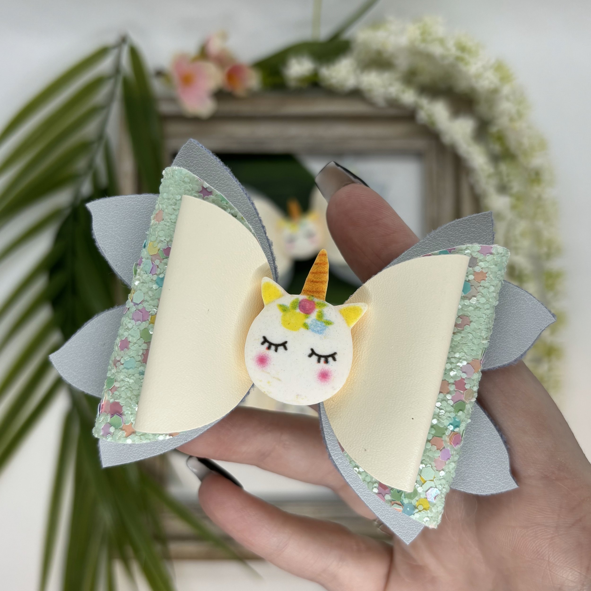 White, Speckled Mint and Grey Big Bow with Round Head Unicorn Embellishment