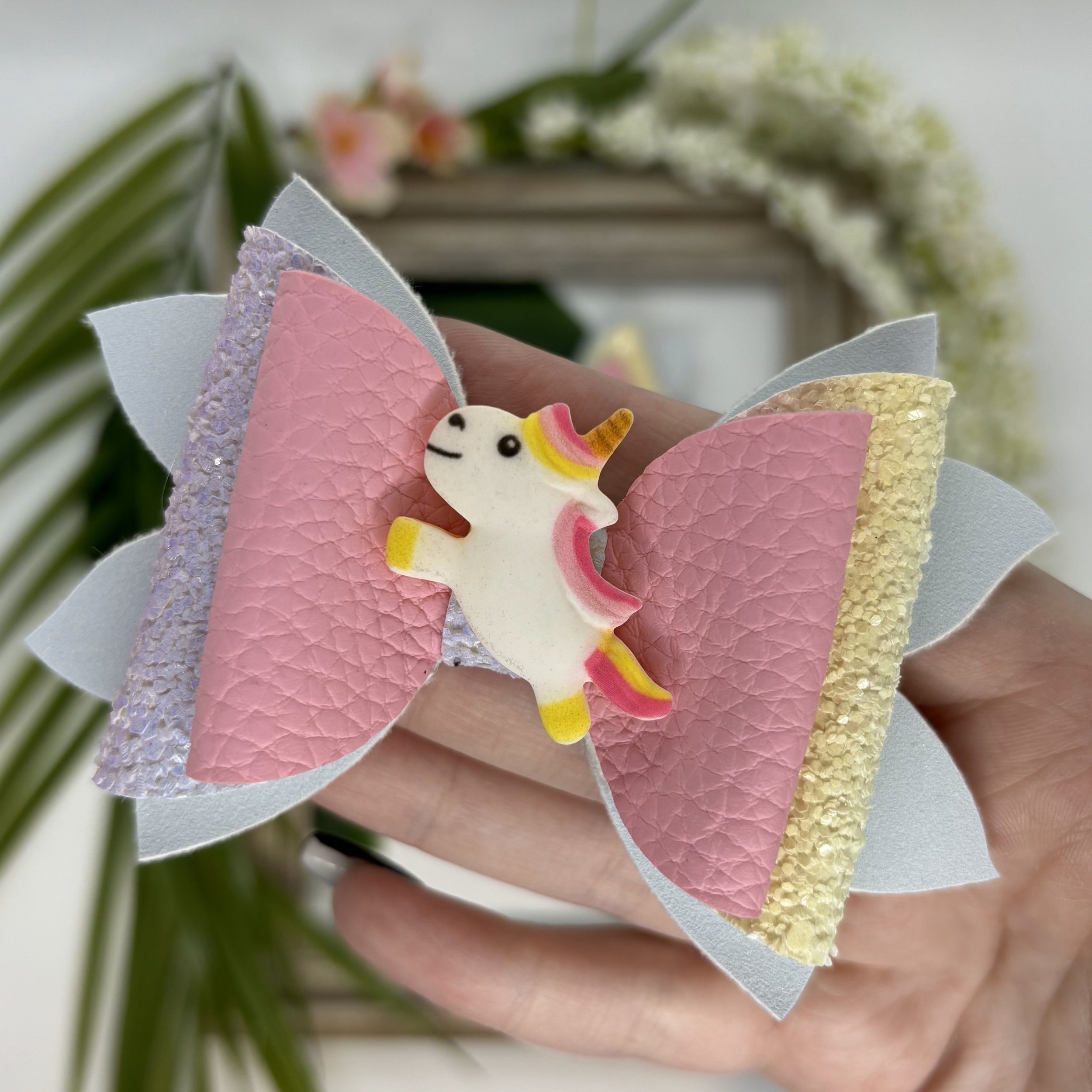 Pink, Yellow and Grey Big Bow with Jumping Unicorn Embellishment