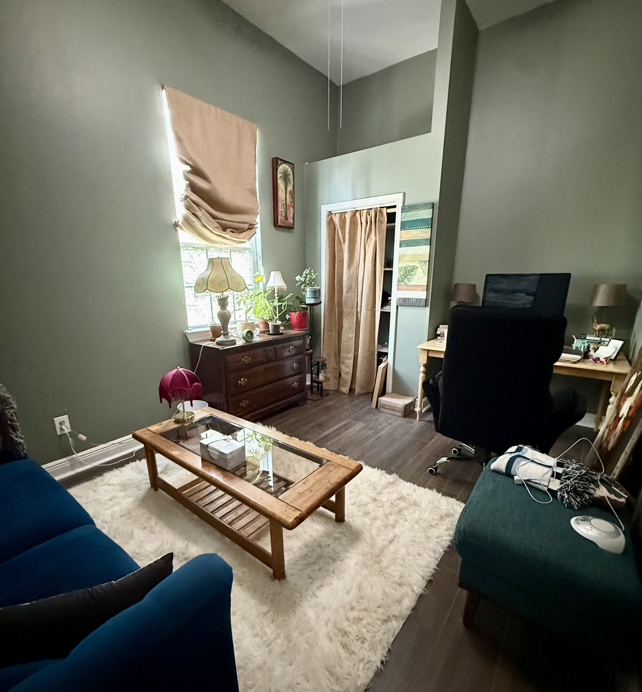 Suite 101 office space rental new orleans green couch coffee table white rug green walls