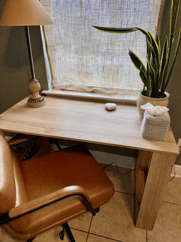 lobby wooden desk brown leather chair snake plant office space private office commercial rental lobby entryway