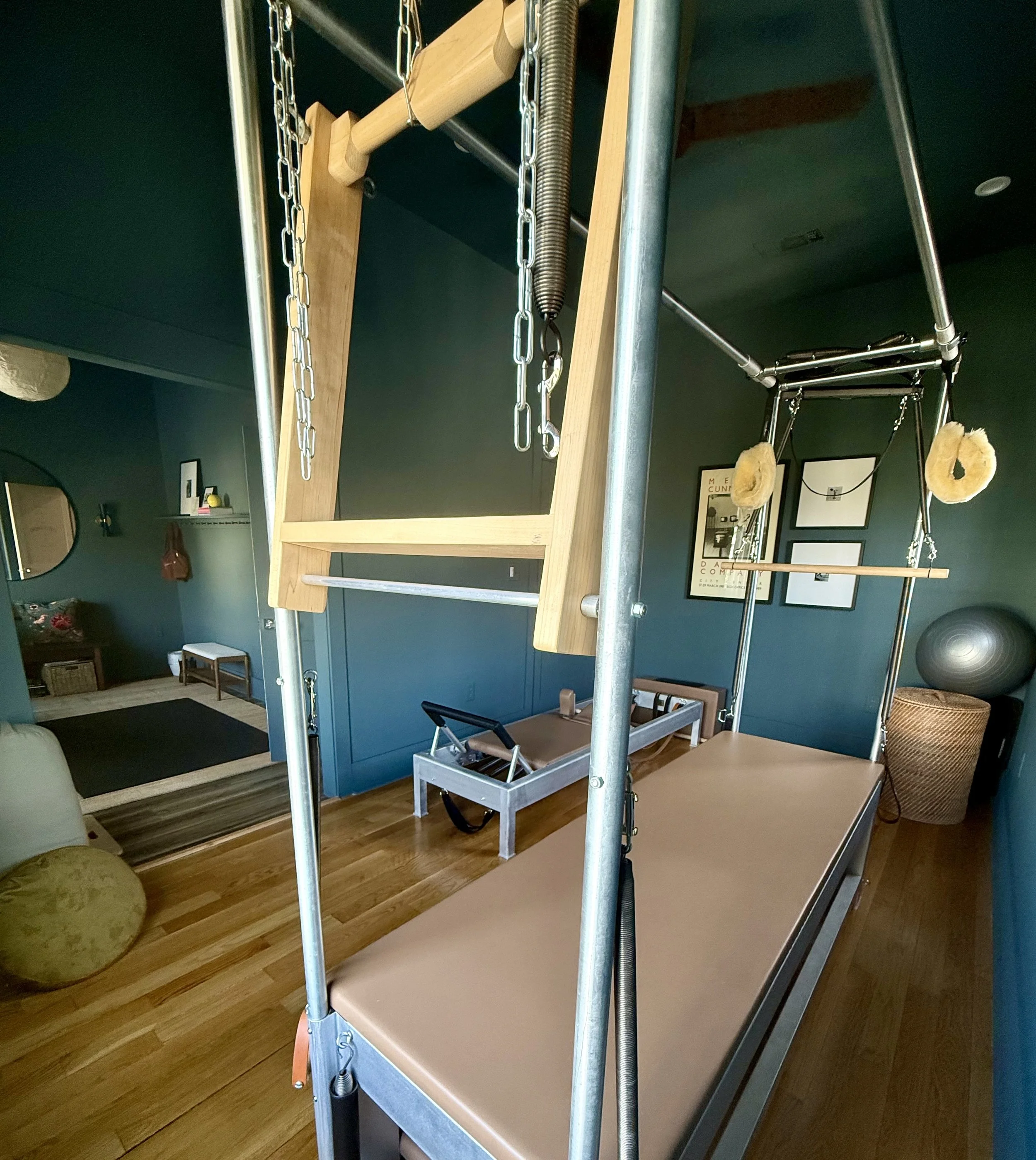 pilates studio space for rent blue walls pilates reformer machine exercise ball studio space