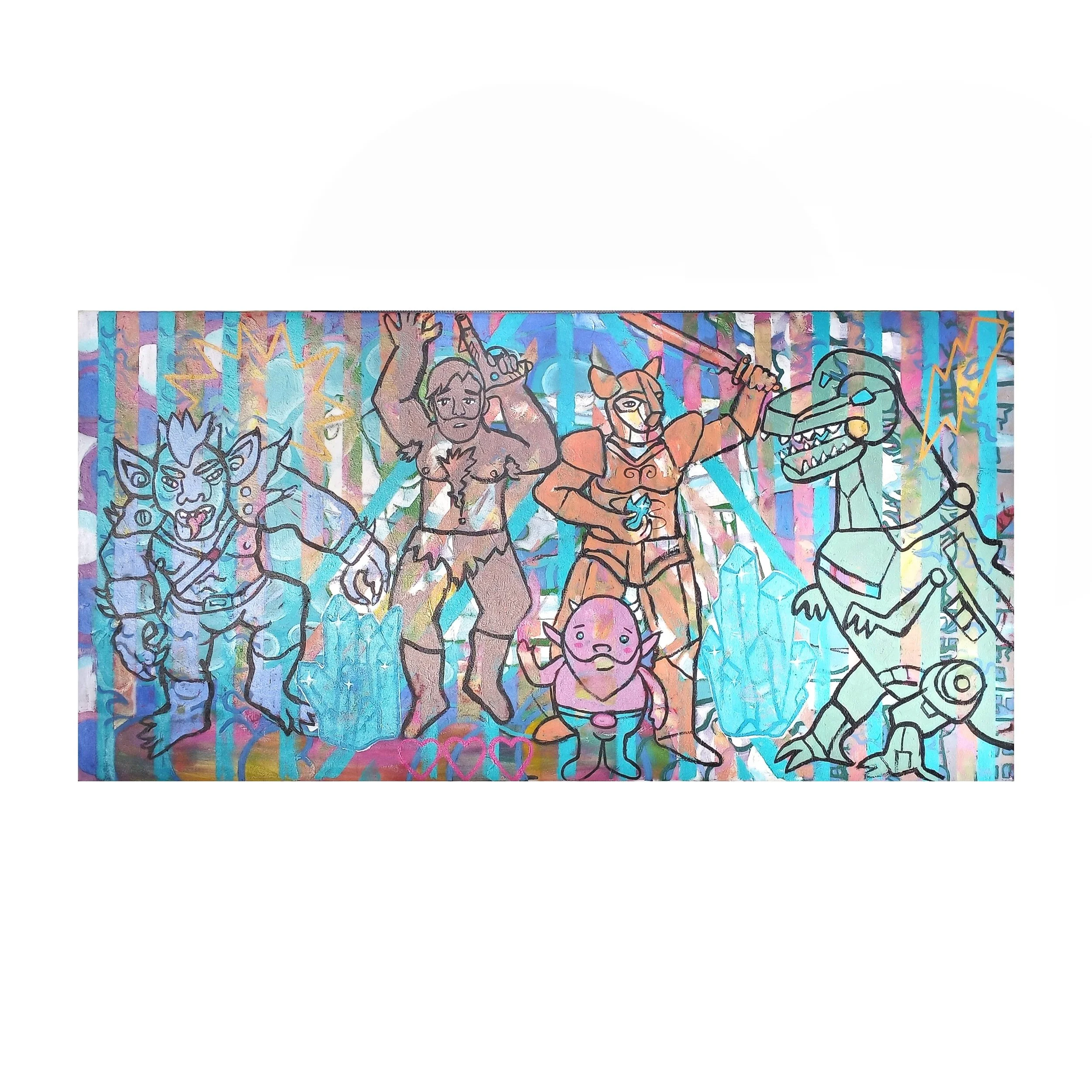 "Fighting in the Crystal Realm" acrylic on canvas 36"x18" 2025