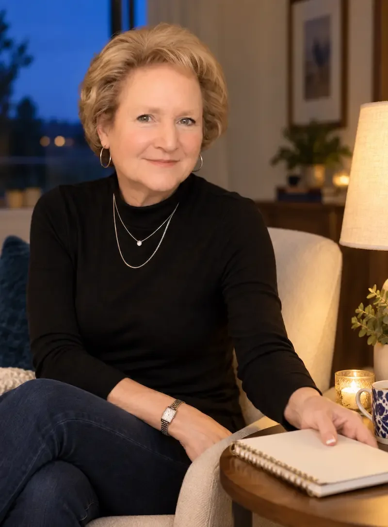 mary beth debrodie sitting in office in evening