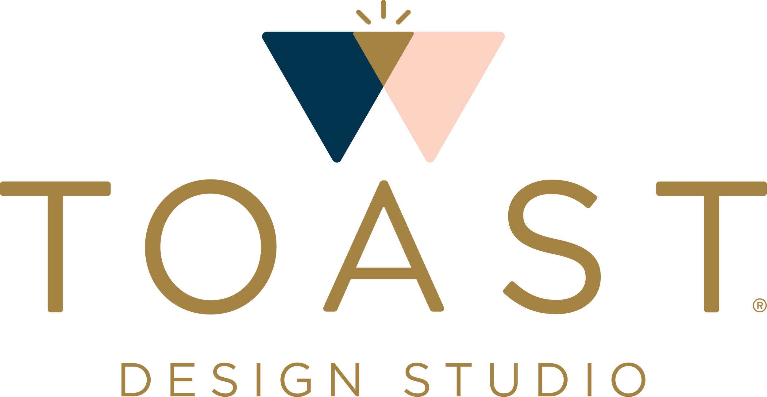 Logo of Toast Design Studio featuring two downward triangles, one dark blue and one light pink, with gold accents, and the words "TOAST" and "DESIGN STUDIO" underneath.