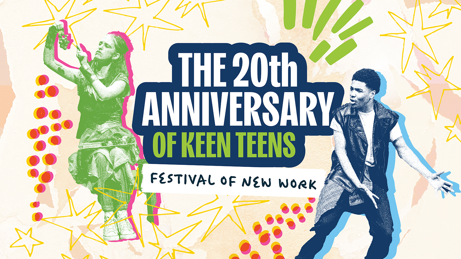 Celebration poster for the 20th anniversary of KEEN Teen's 'Festival of New Work' featuring stylized images of a girl and a boy, colorful stars, dots, and abstract designs.