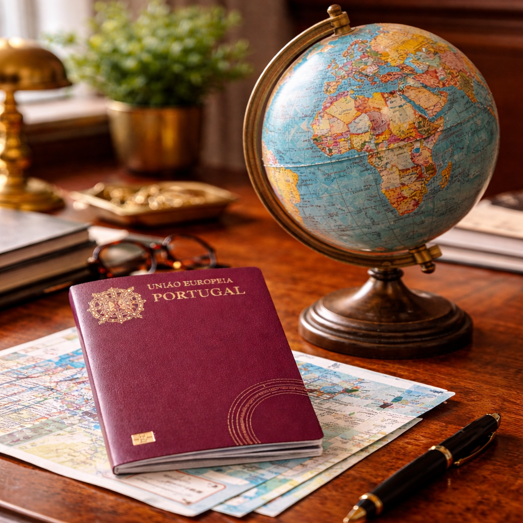 Portuguese passport on a map beside a vintage globe, eyeglasses, and pen on a wooden desk