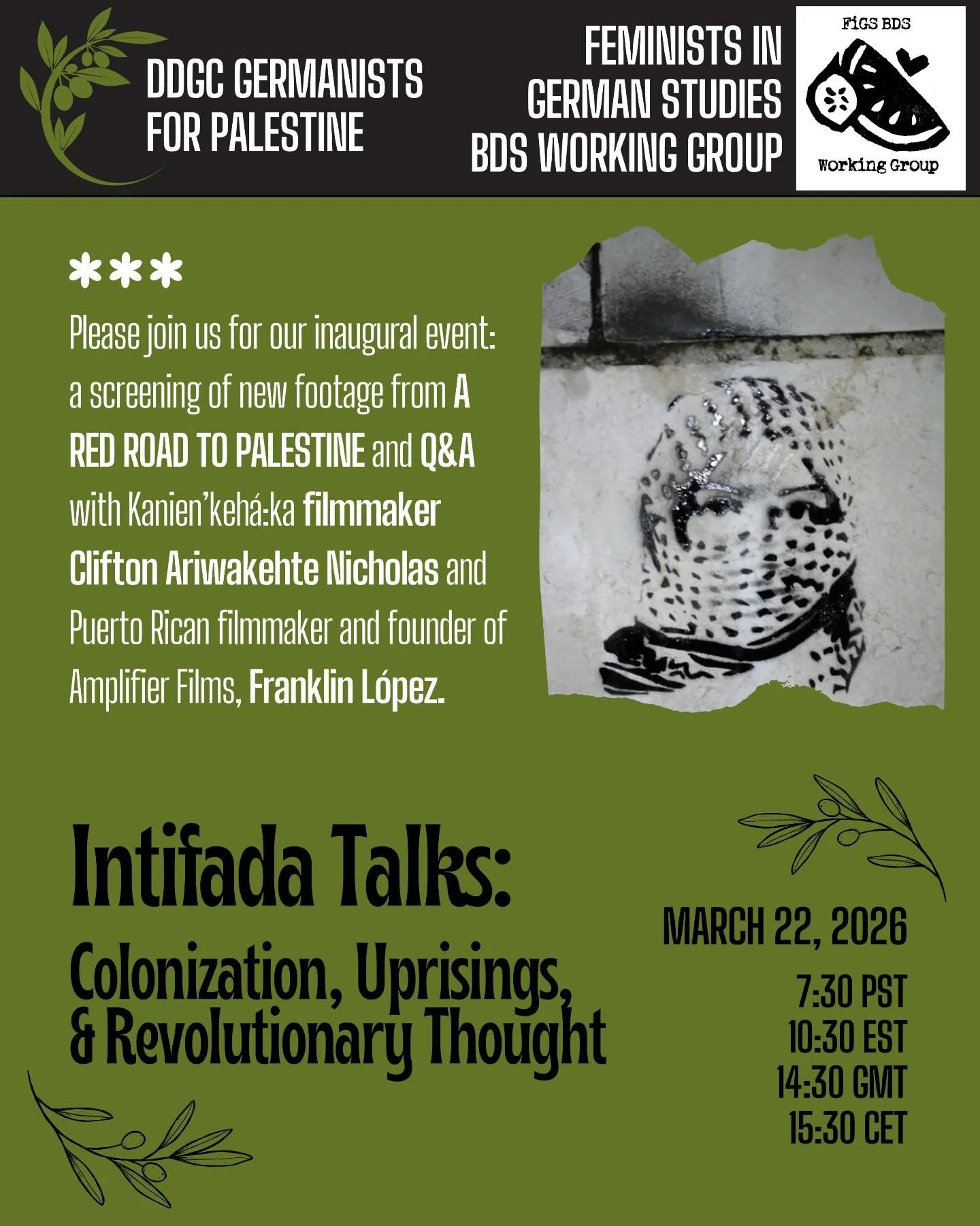 Please join us on March 22nd at 7:30 PST / 10:30 EST 14:30 GMT / 15:30 CET for our inaugural event: an online screening of new footage from the upcoming documentary A Red Road to Palestine followed by an exclusive Q&amp;A with filmmakers Clifton Ariw