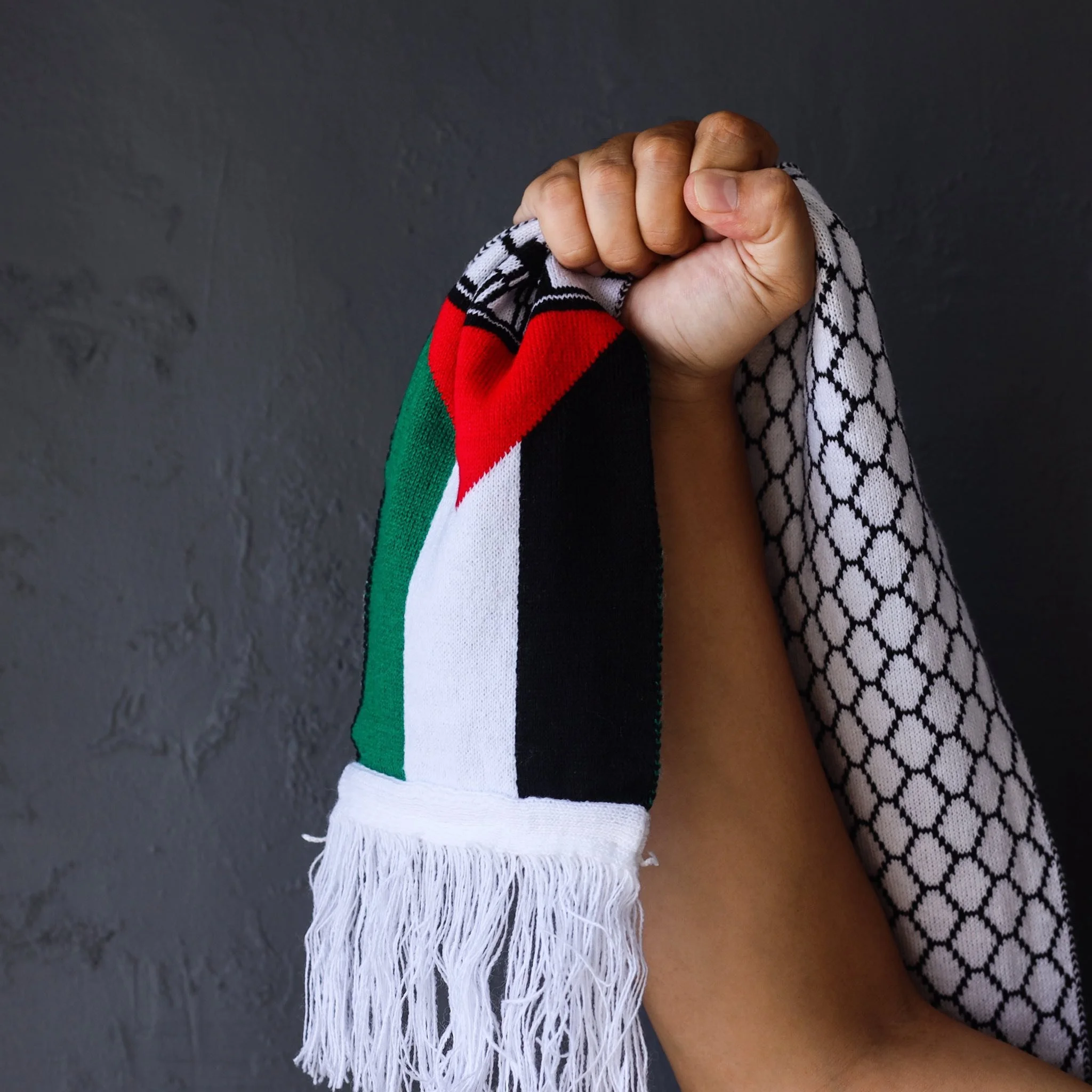 raised hand closed around scarf with flag