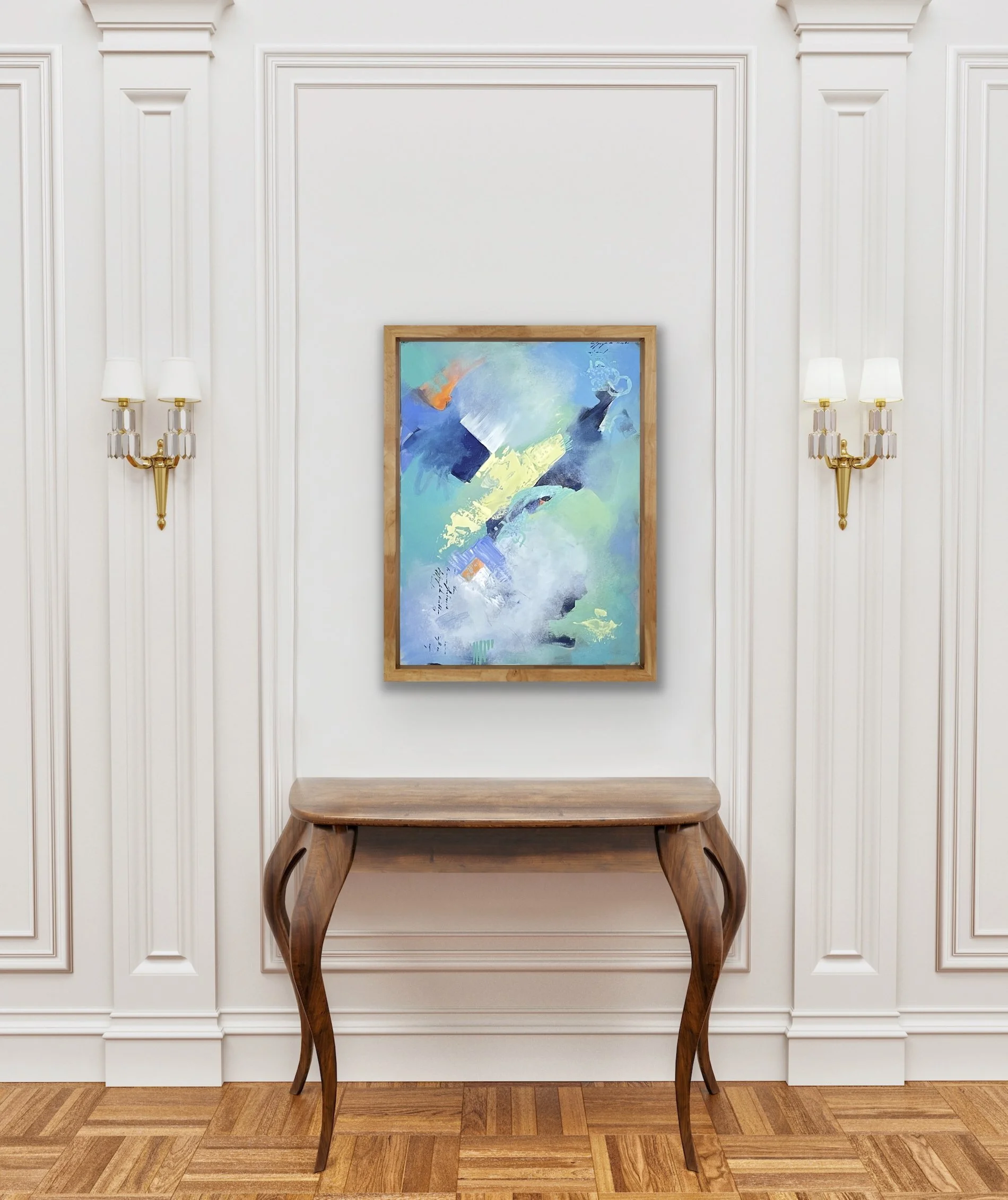 Ocean-inspired abstract artwork displayed on wall in neutral interior setting
