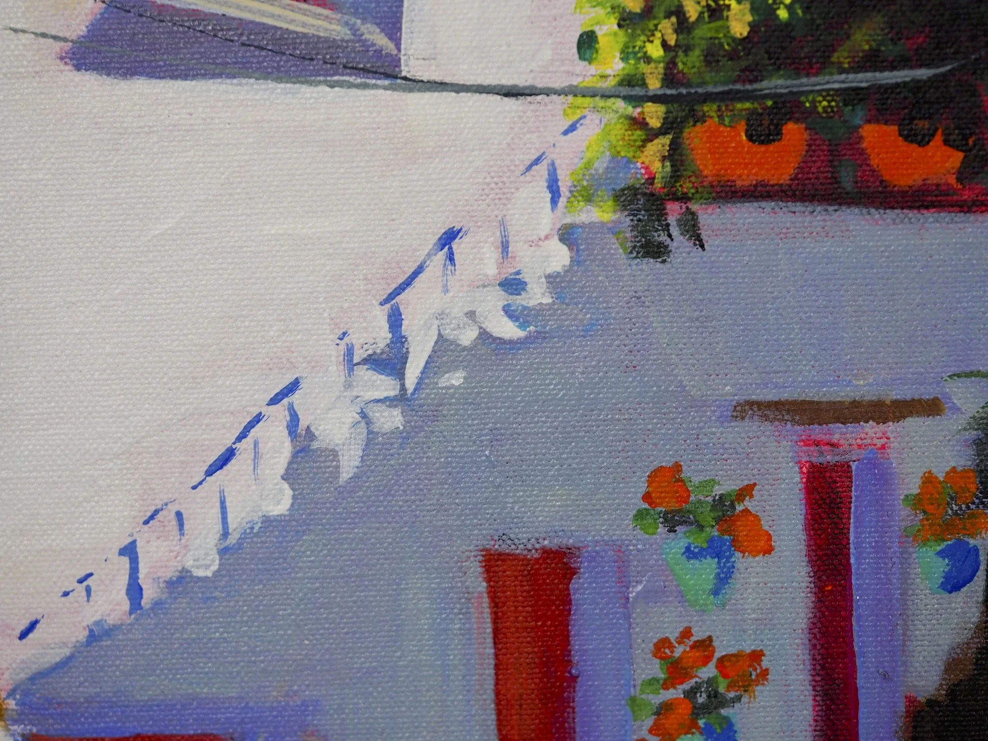 Las Luces painting showing detail of wall pots and shadows falling.