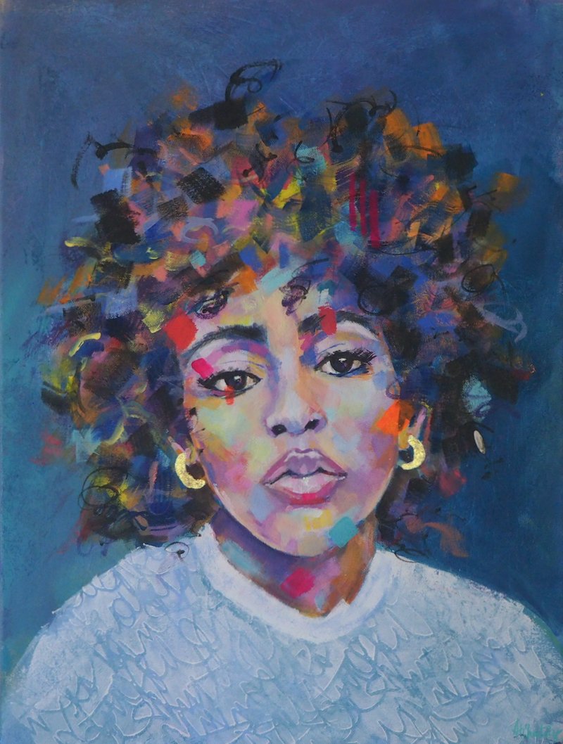 colourful portrait of beautiful black woman with big curly hair, gold earrings, full lips.
