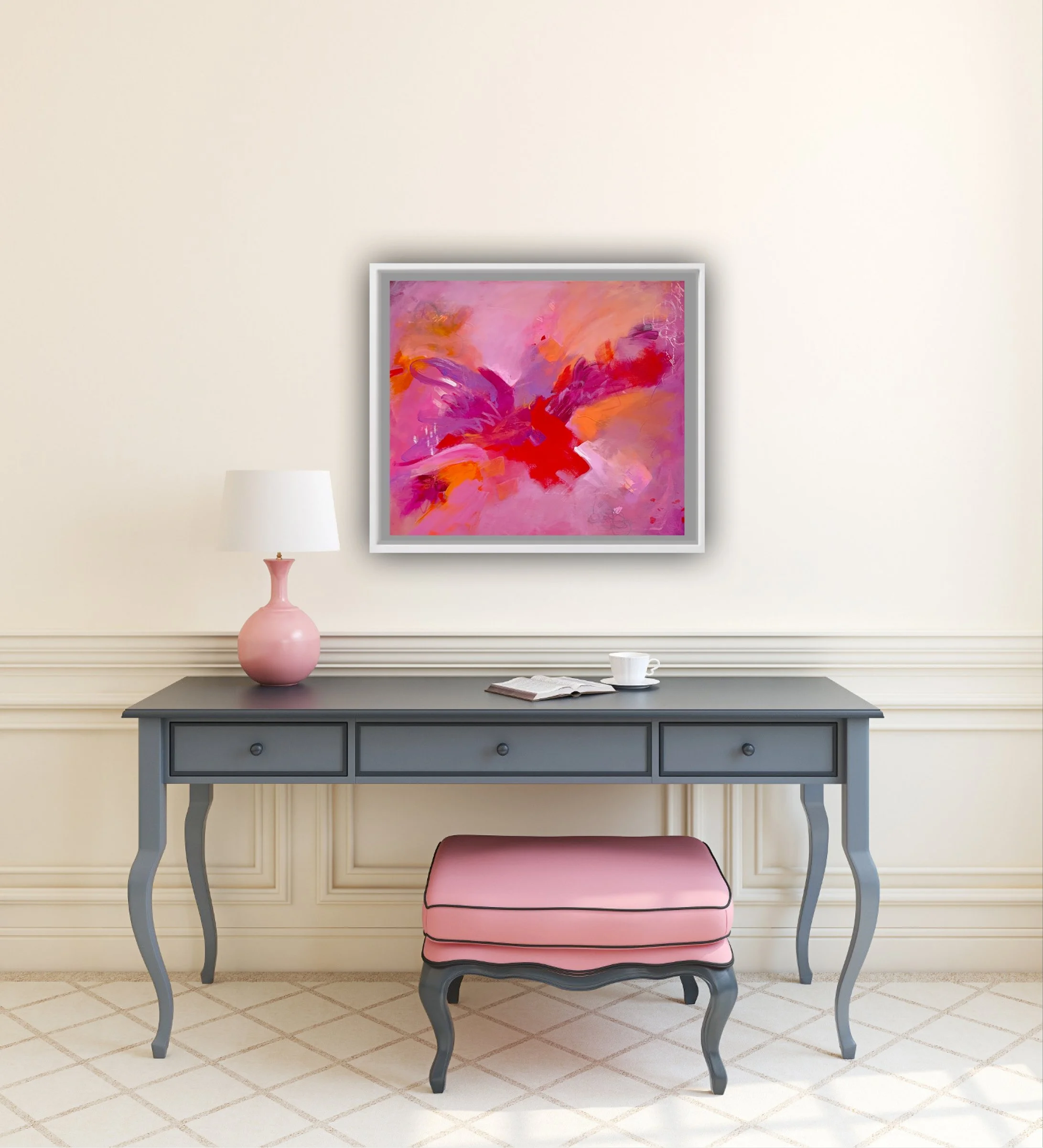 Vibrant abstract painting on white wall in modern retro decor