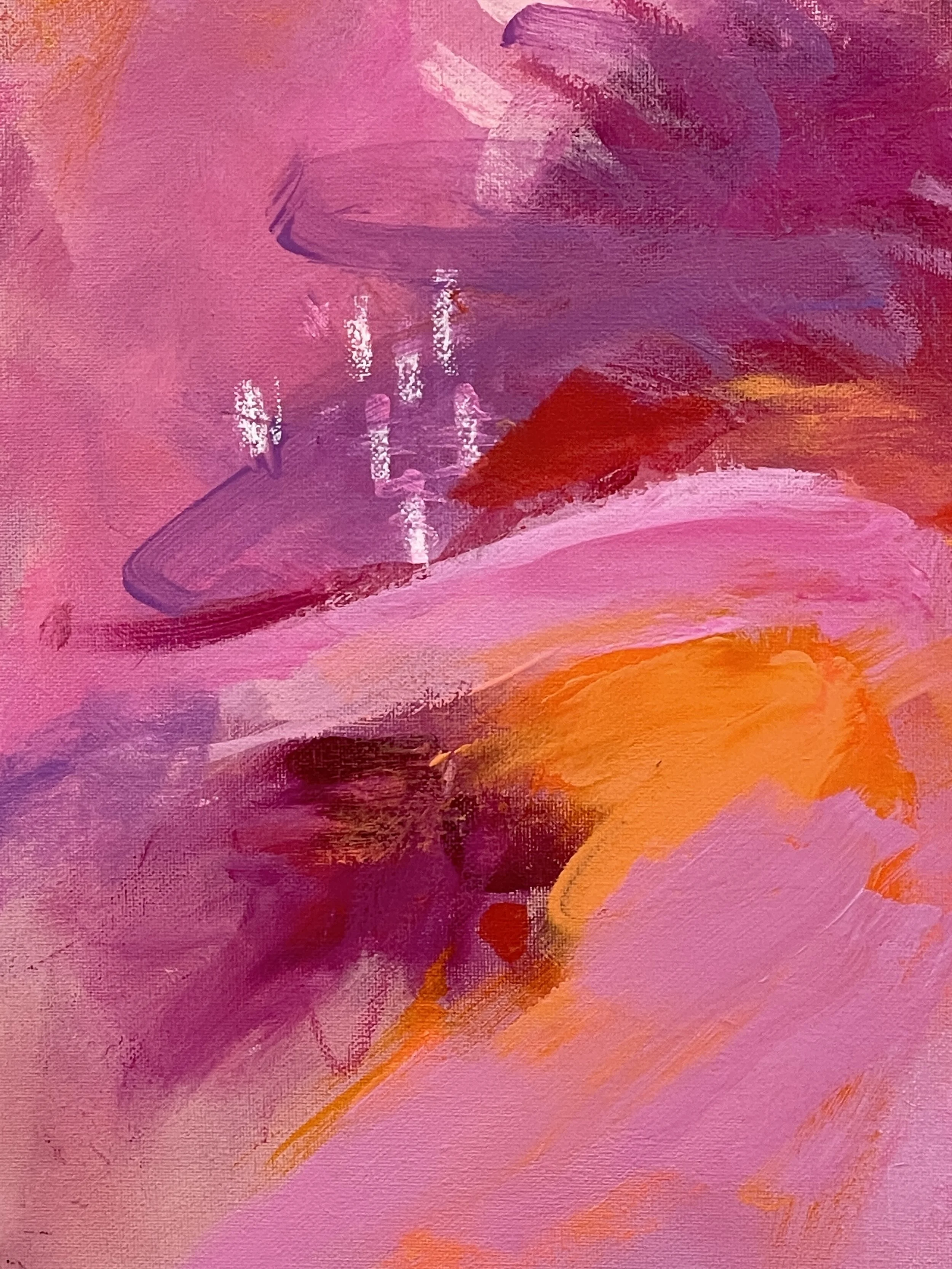 Close-up of textured abstract painting with layered pink, red and orange brushstrokes