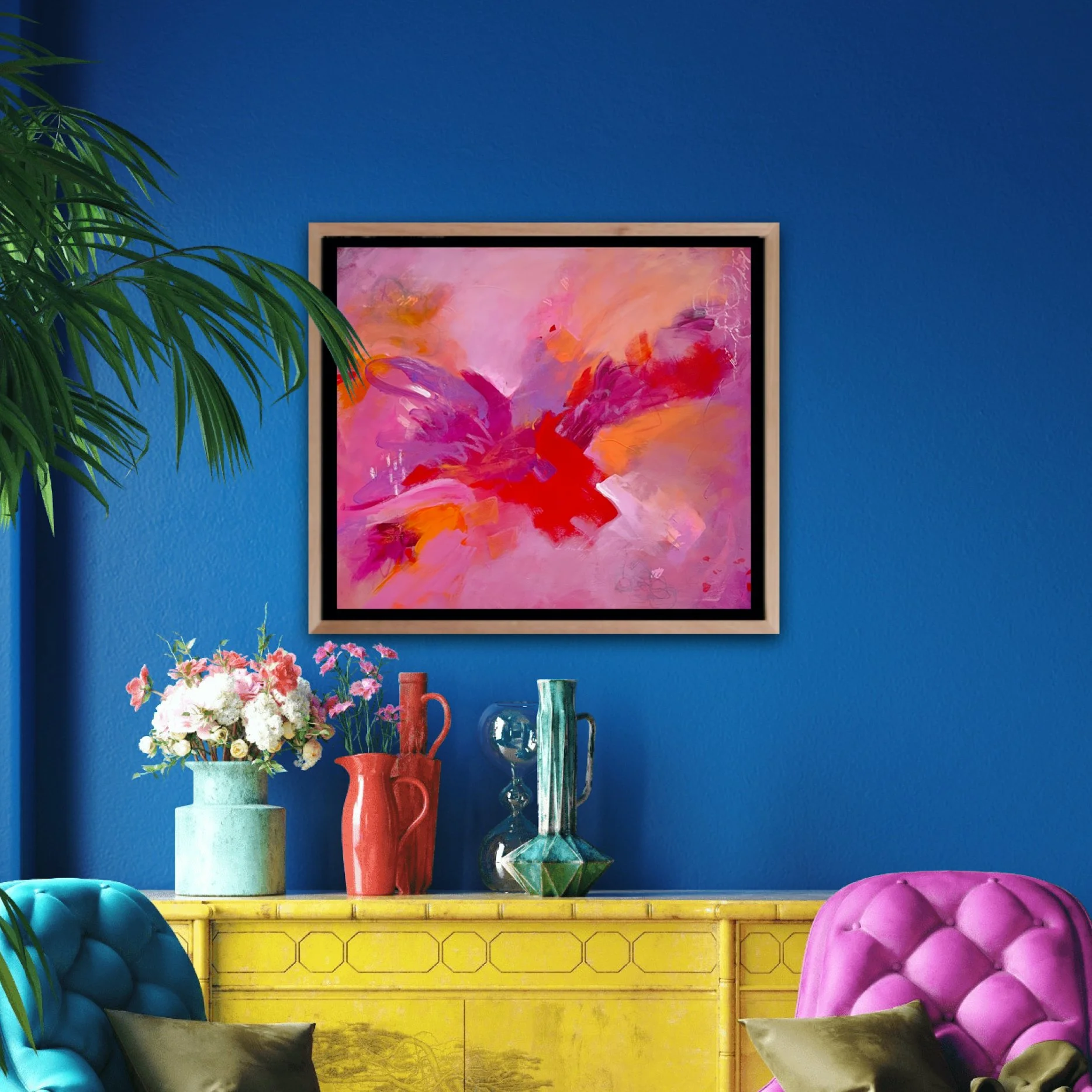 EXpressive vibrant pink red medium sized abstract painting