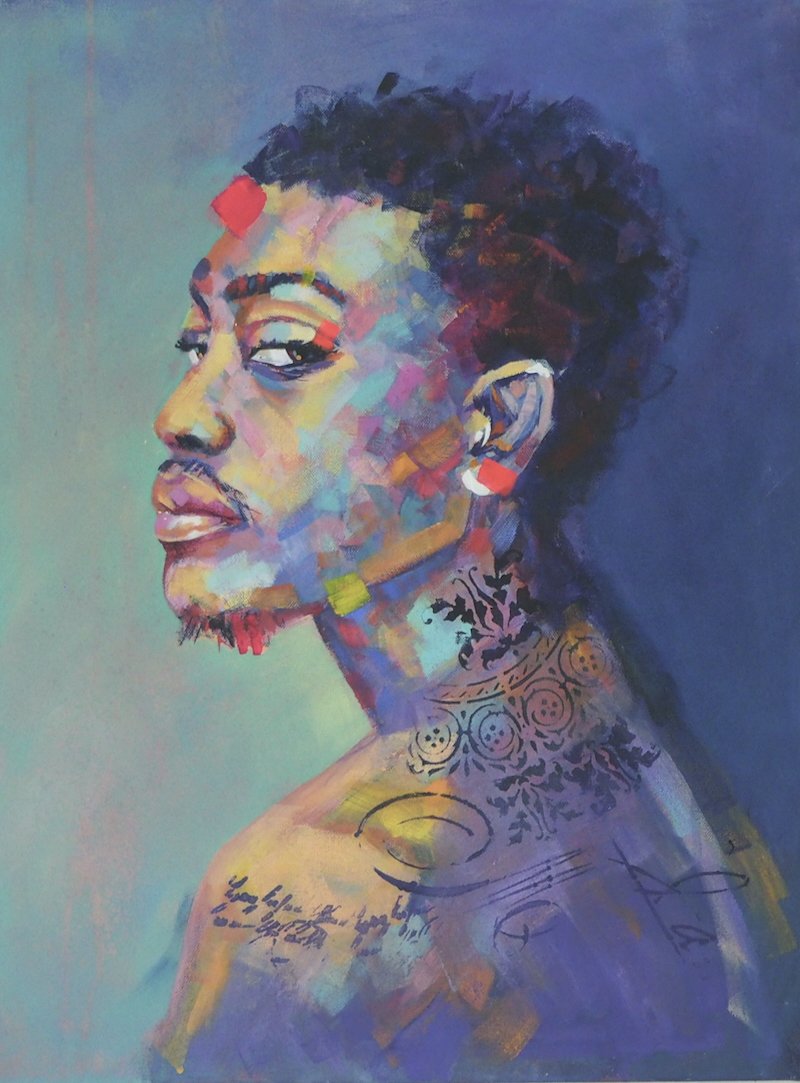 Colourful expressive male portrait painting by Anne Whately, contemporary figurative artwork with layered colour and side profile composition