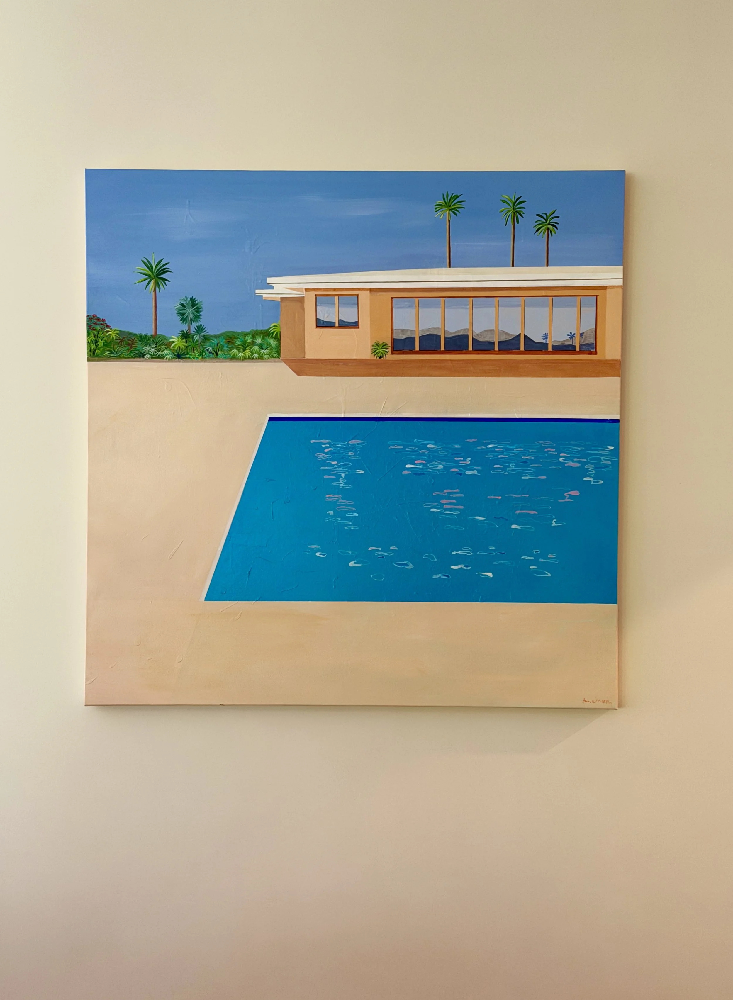 Anne Whately original acrylic painting pool scene hung in home