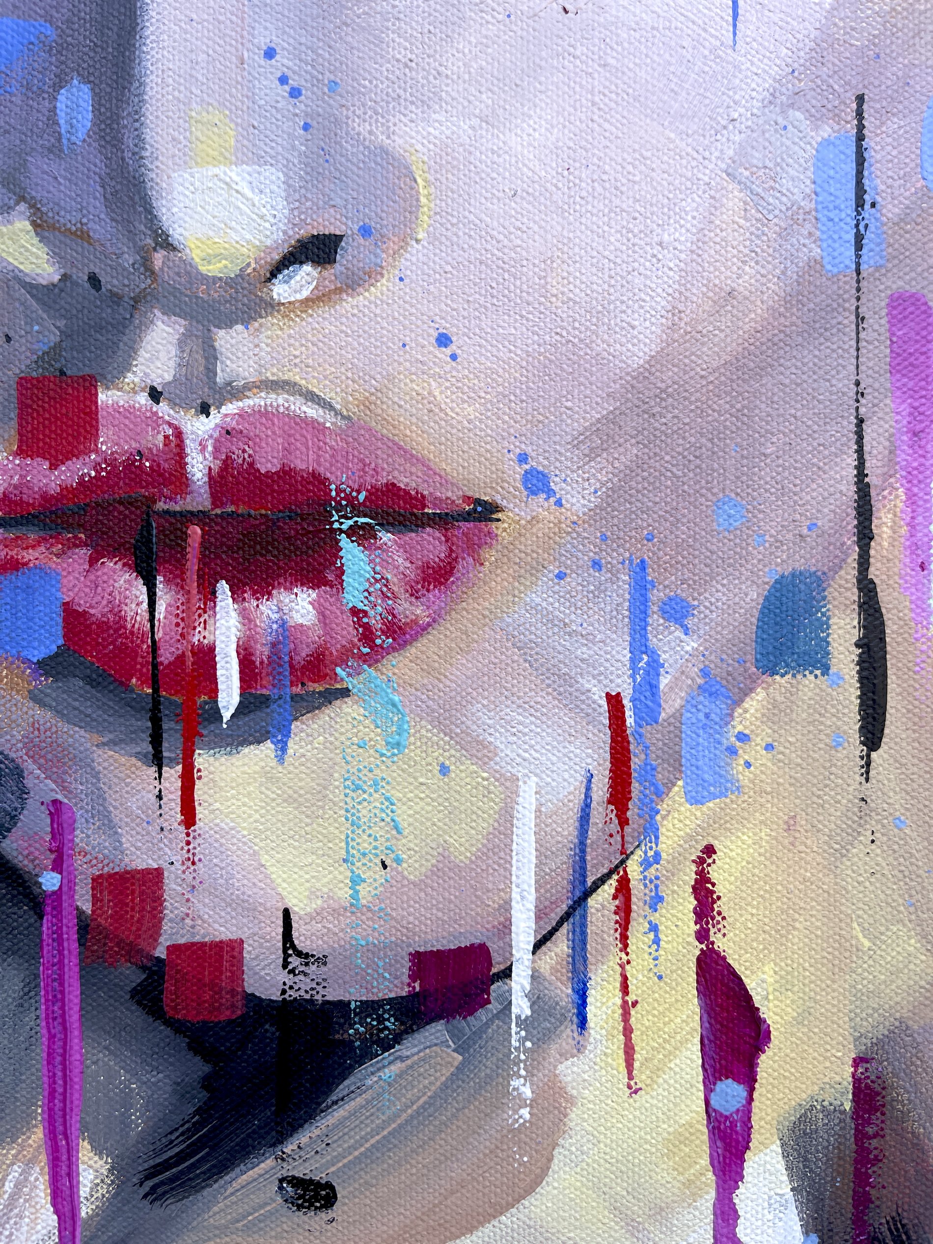 Detail of expressive brushwork and colourful abstract marks in modern portrait painting