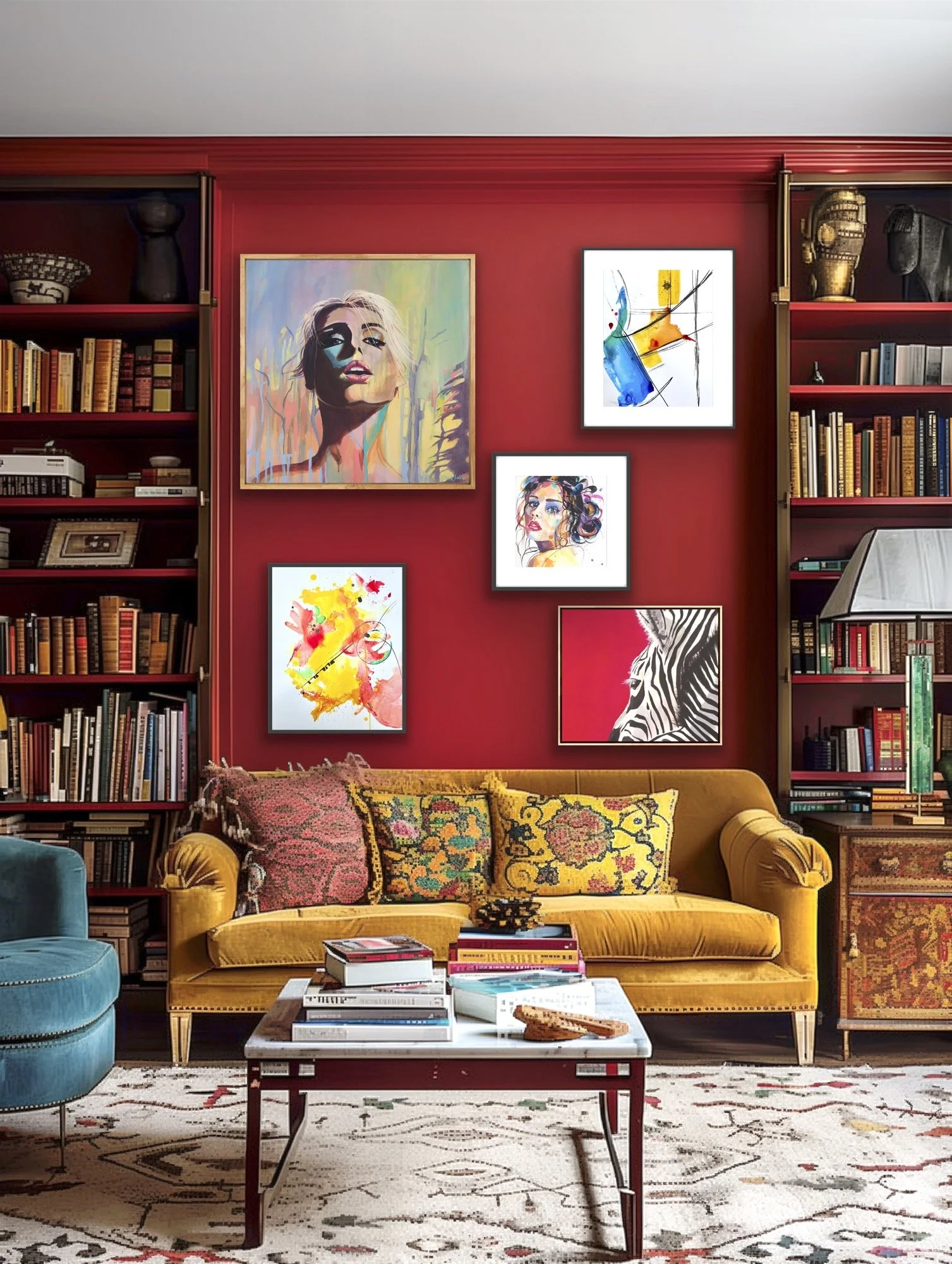 Eclectic interior featuring a curated gallery wall of colourful original artworks by Anne Whately against deep red walls with vintage-inspired furnishings and layered décor.