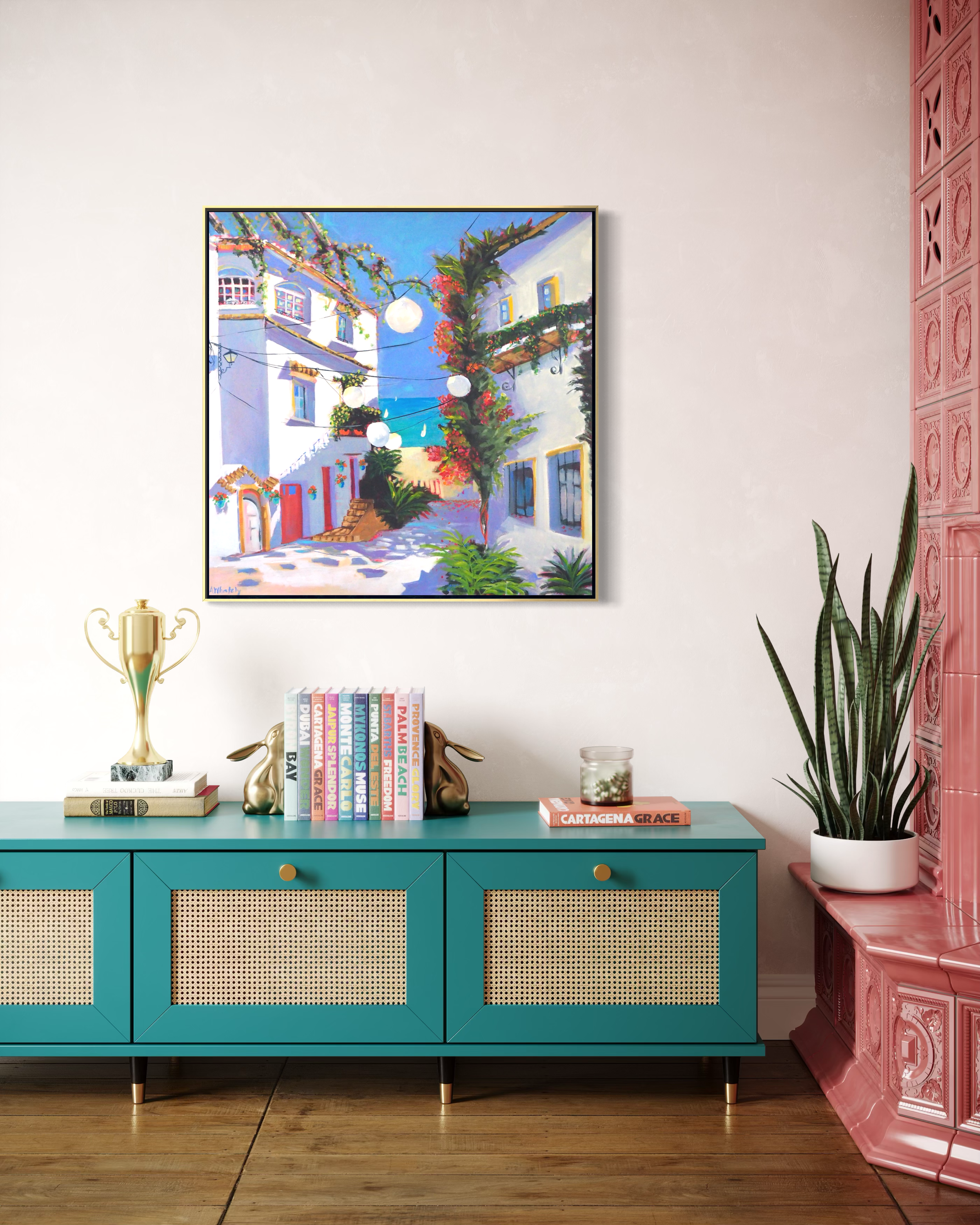 las-luces-painting-teal-sideboard-room-mockup-anne-whately