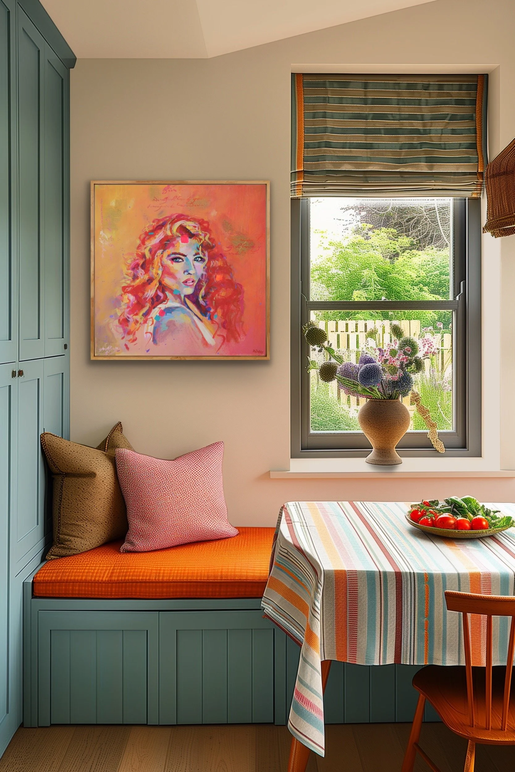 Contemporary colourful portait painting in colourful interior