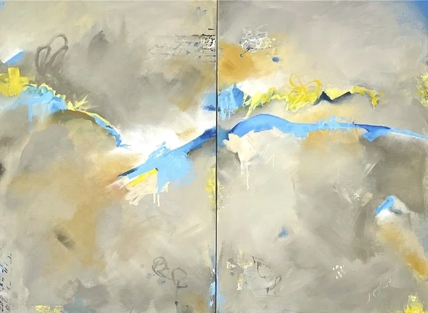 Andalusian 1 & 2 abstract landscape in neutrals with blue and yellow inspired by Spain as a pair or dyptich.