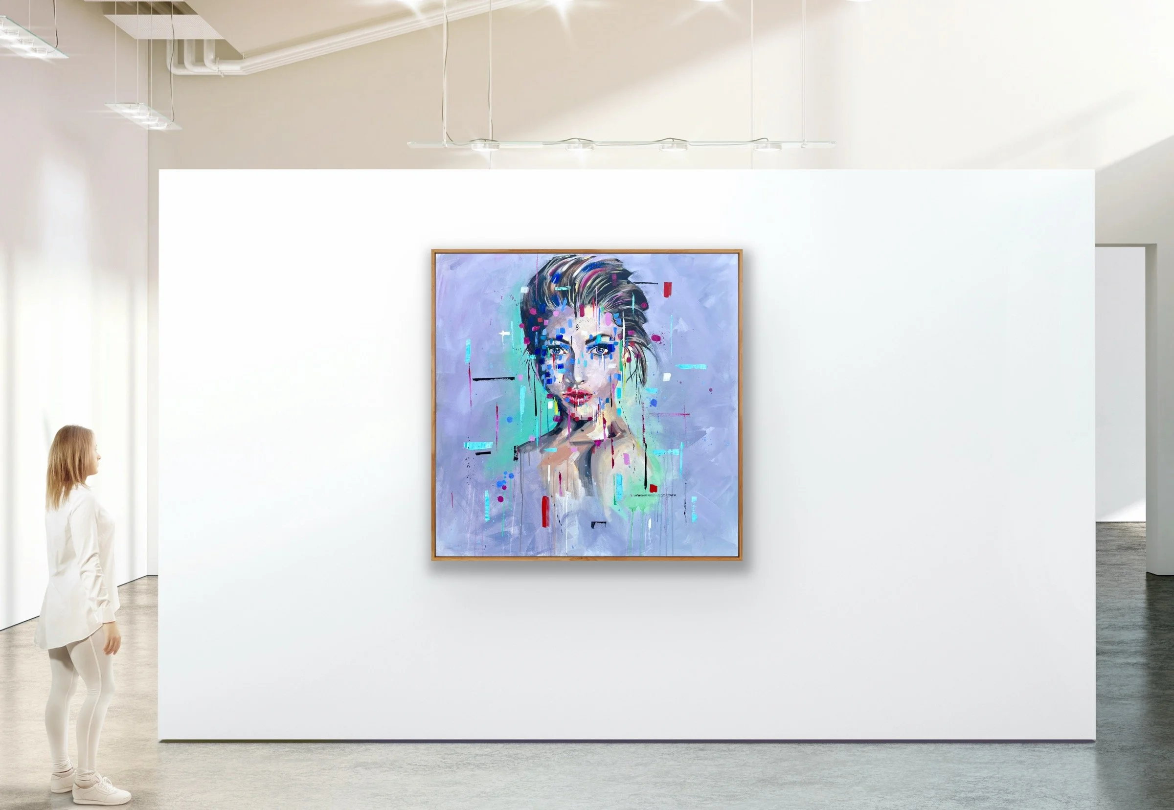 Large contemporary portrait painting “Fragments of Her” displayed in a modern gallery space with white walls, featuring a colourful abstract female face with expressive drips and layered brushwork