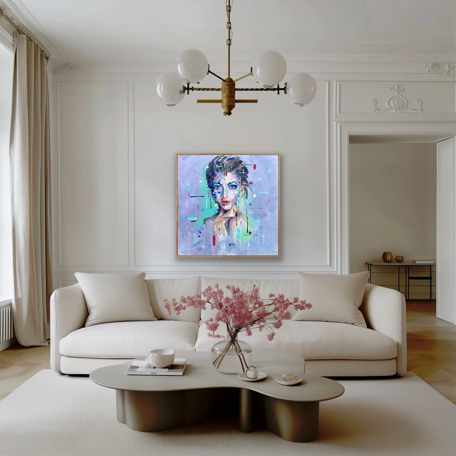 Contemporary abstract portrait “Fragments of Her” styled above a neutral sofa in a modern living room, featuring layered colour, drips and expressive brushwork in soft cool tones