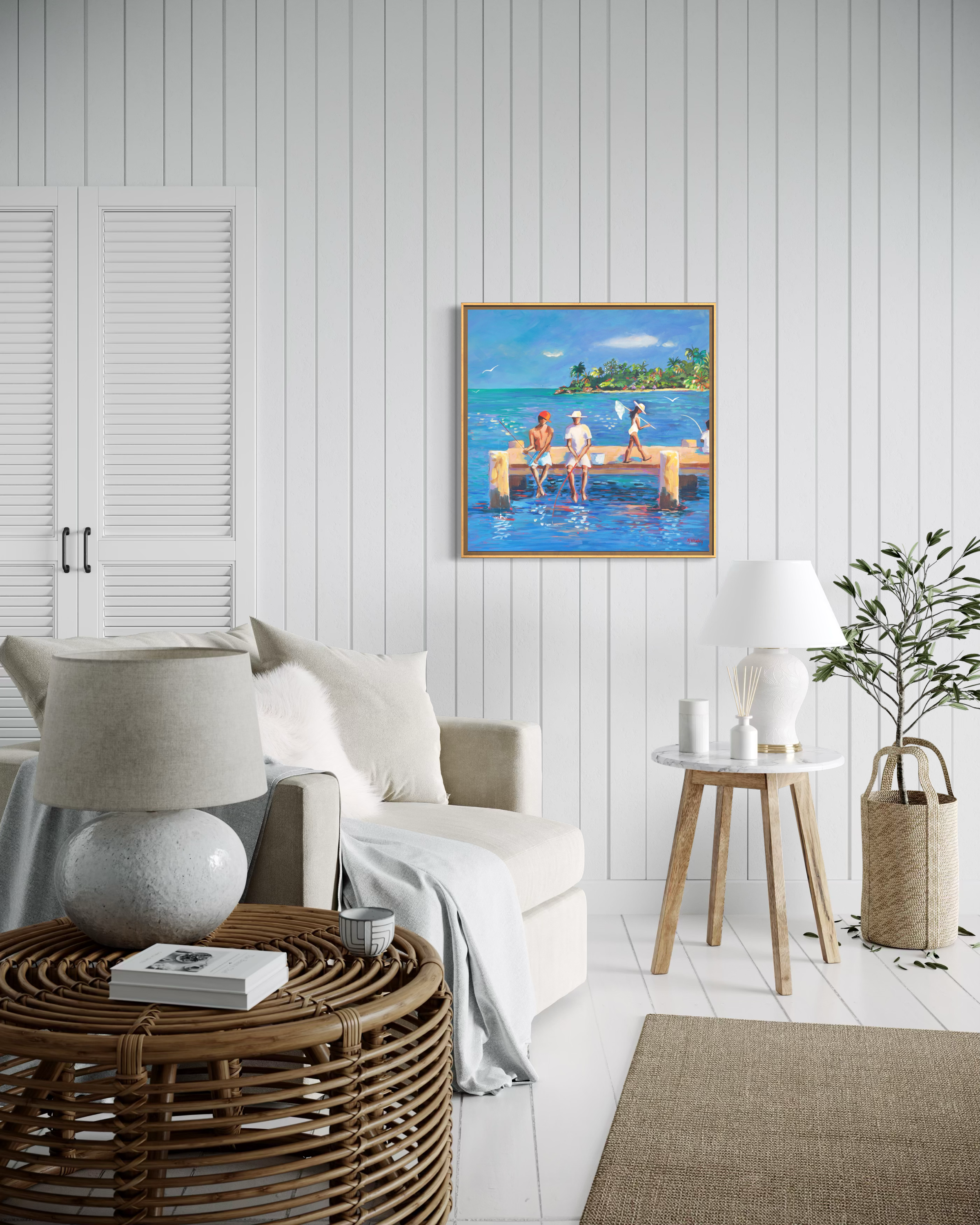 Palm Cove Jetty coastal painting displayed in bright white-panelled living space