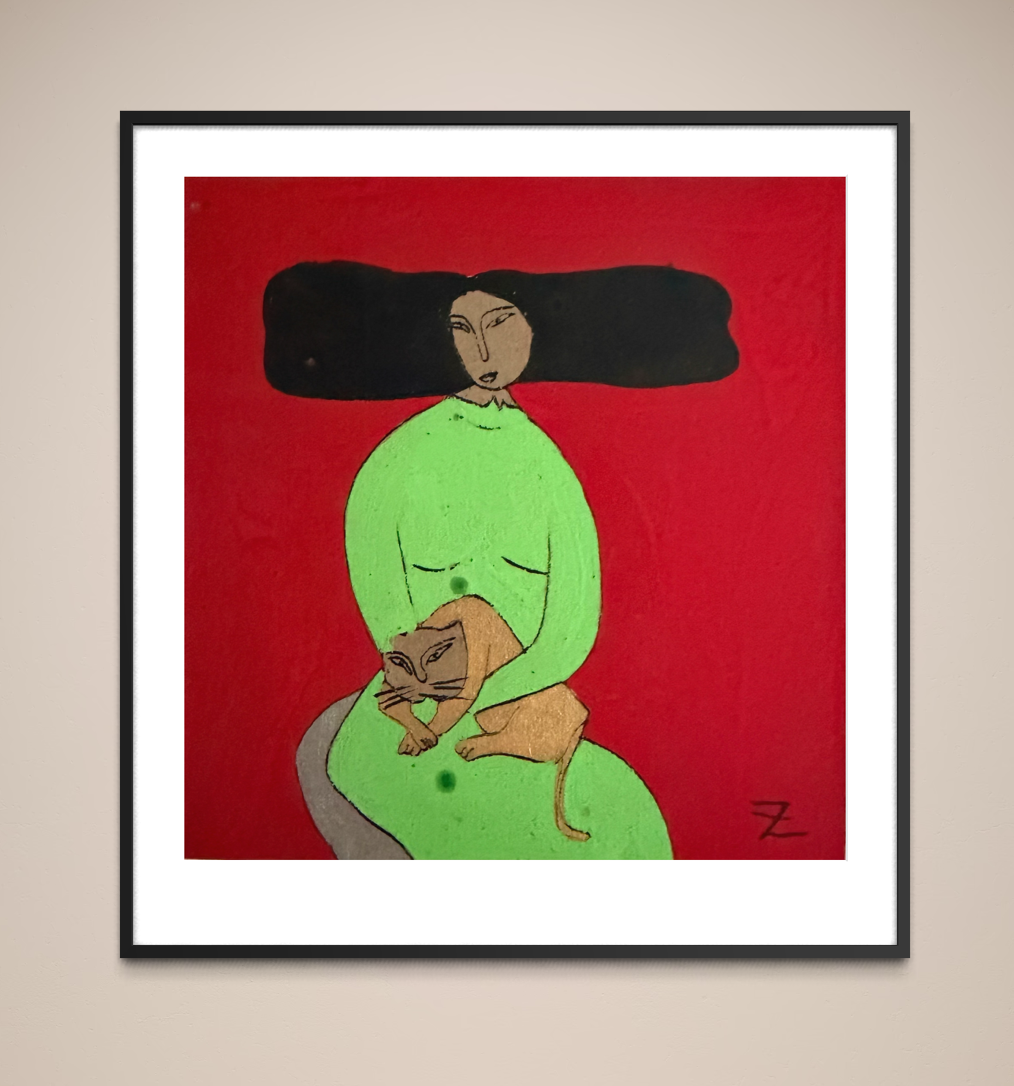 woman in green dress holding a gold cat