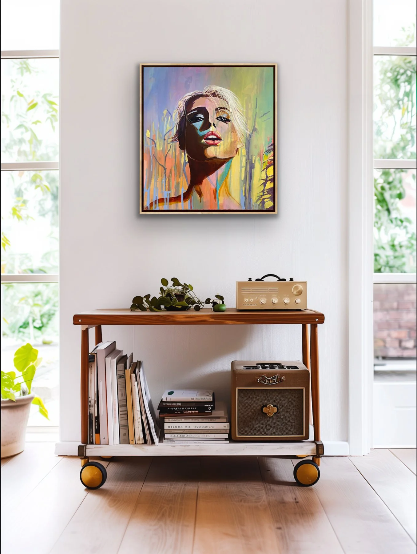Before You Speak contemporary portrait painting styled in modern interior with console table and natural light