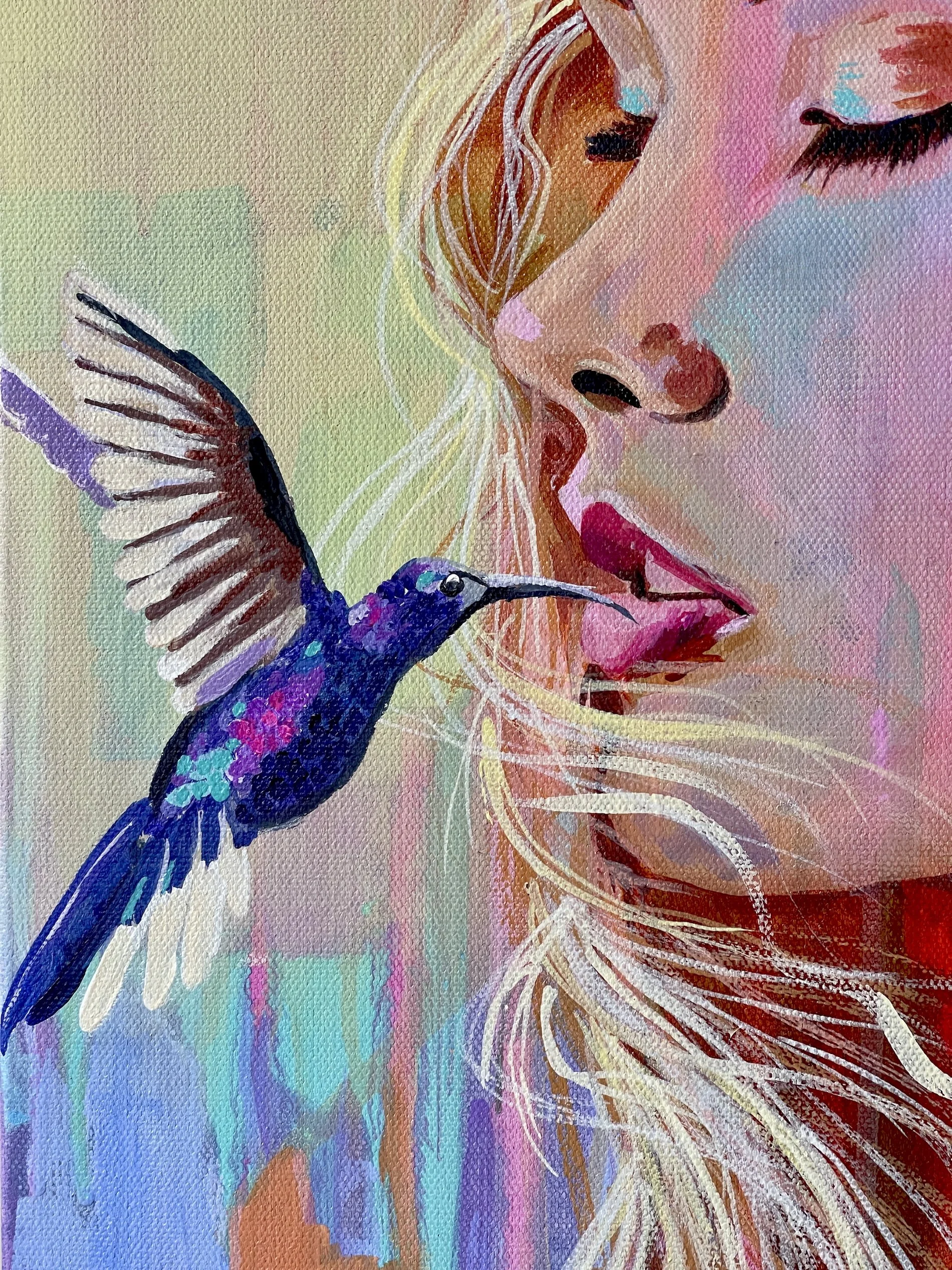 Contemporary female portrait painting with hummingbird, close-up detail, colourful acrylic on canvas